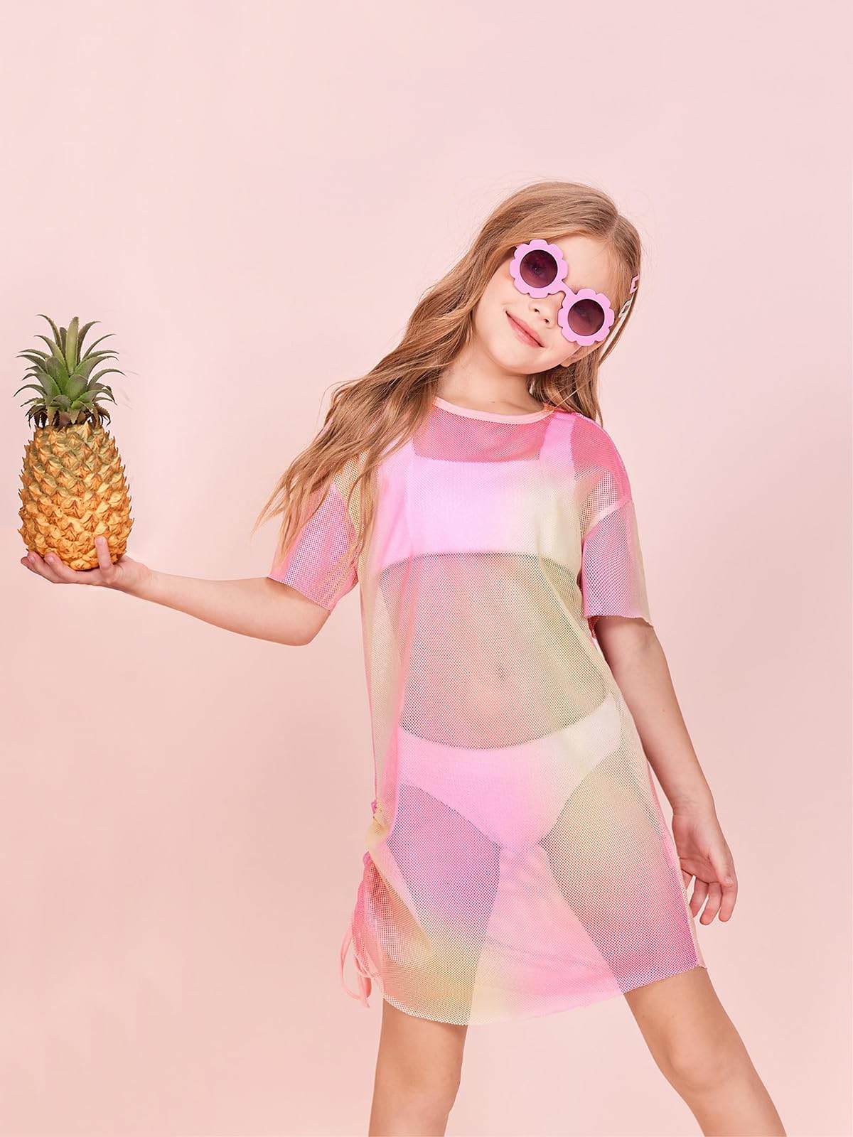 Batermoon Girls Mesh Swim Cover Up - Tie Dye Beach Coverup with Drawstring for Kids Age 5-14 | Lightweight Summer Swimwear for Pool, Beach & Vacation