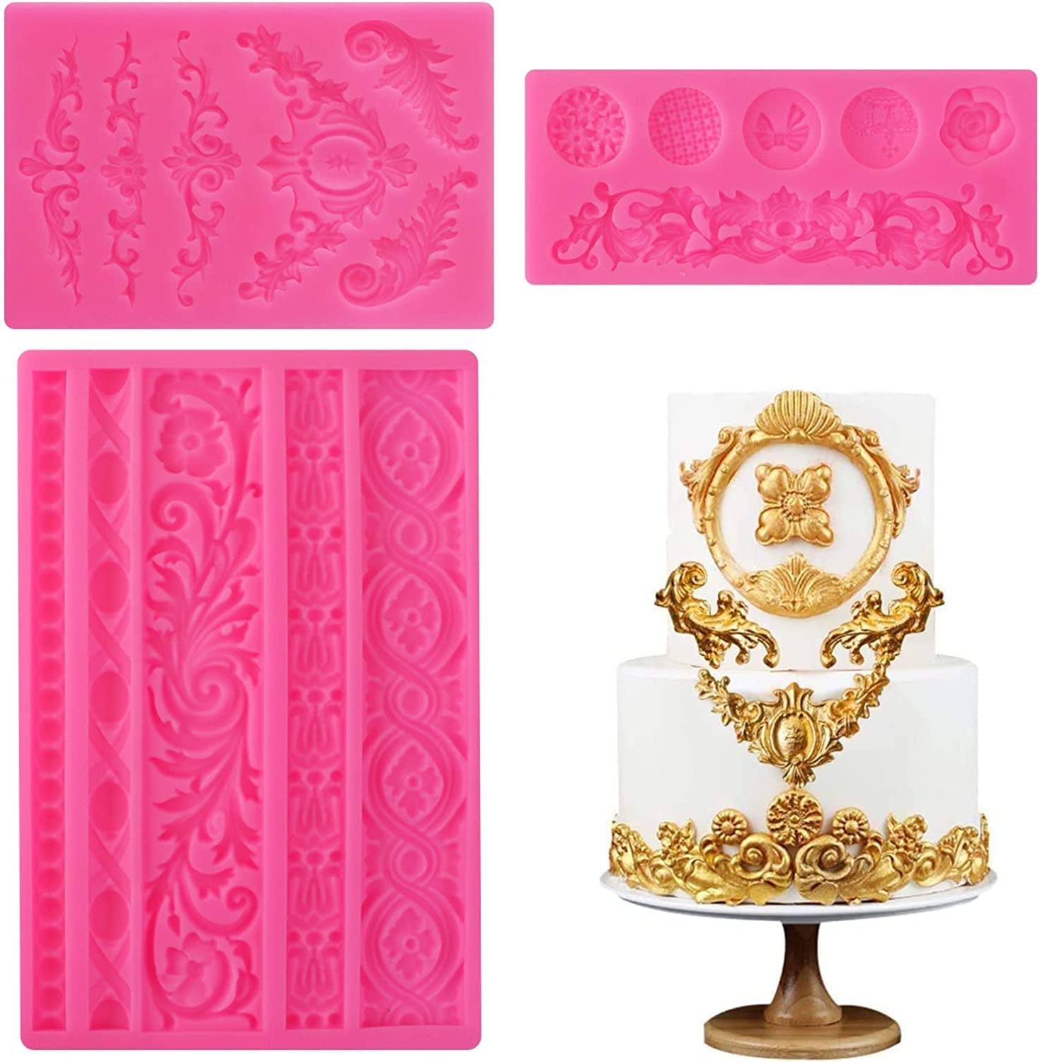 3-Piece Baroque Fondant Molds Set - Elegant Scroll Border Lace Silicone Molds for Cake Decorating, Candy Making, Chocolate Molds & Polymer Clay Crafts - Perfect for Wedding Cakes, Cupcakes and DIY Sugar Art Projects