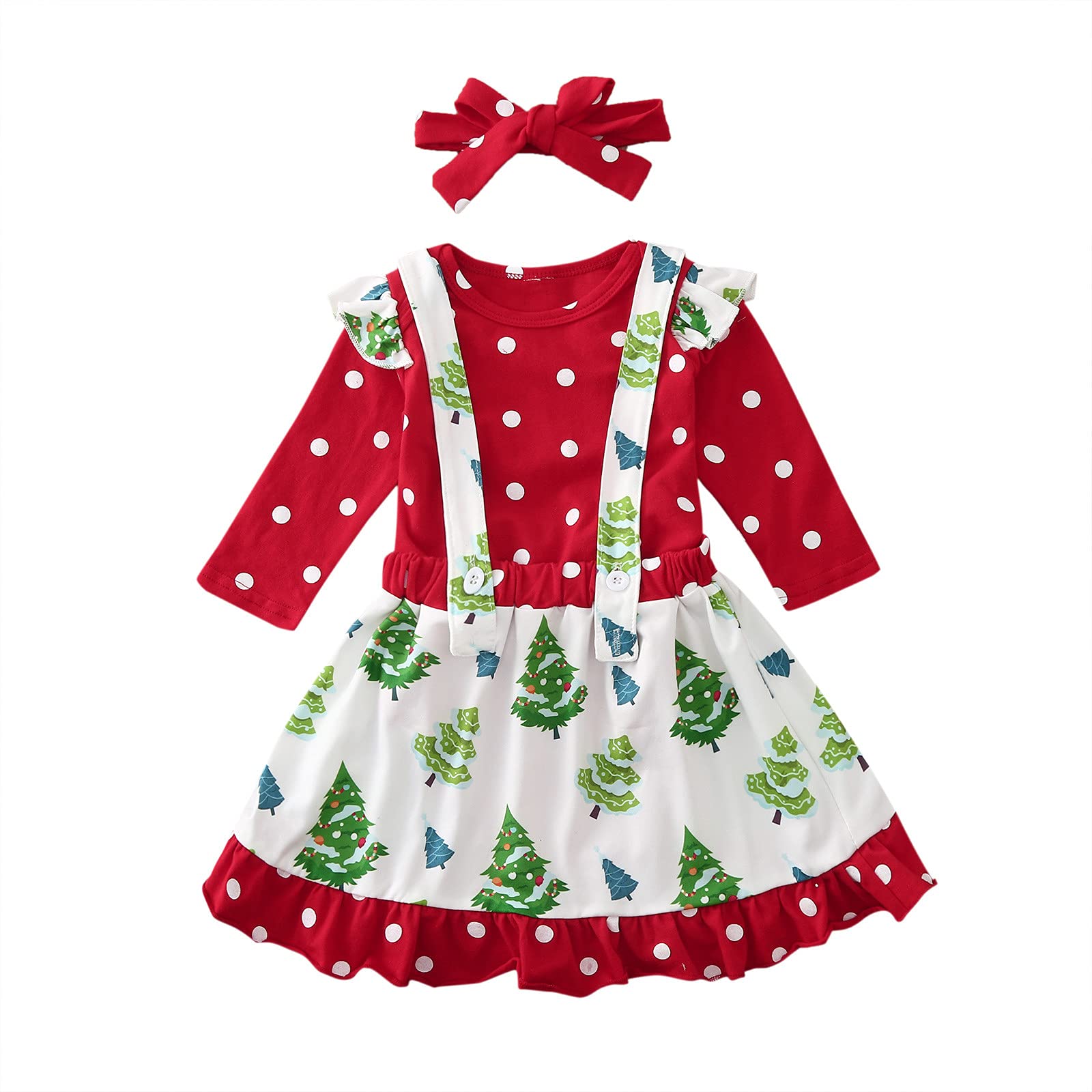 Adorable Baby Christmas Outfits Set - Red Dot Romper, Xmas Tree Suspender Skirt & Headband for Newborns 3-6 Months | Perfect for Holiday Photos, Family Gatherings & Christmas Celebrations