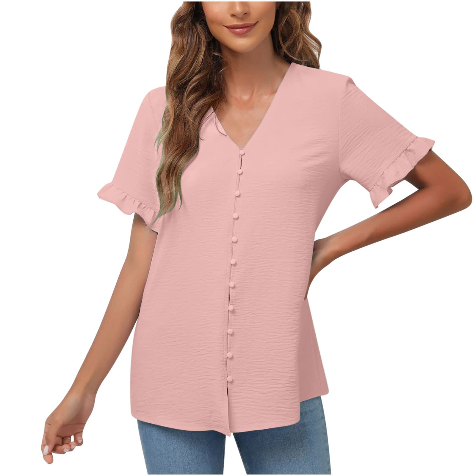 2022 Women's Plus Size Floral Ruffle Button Casual T-Shirt with Batwing Sleeves - Light Blue XL - Perfect for Spring Outfits, Date Nights & Casual Wear