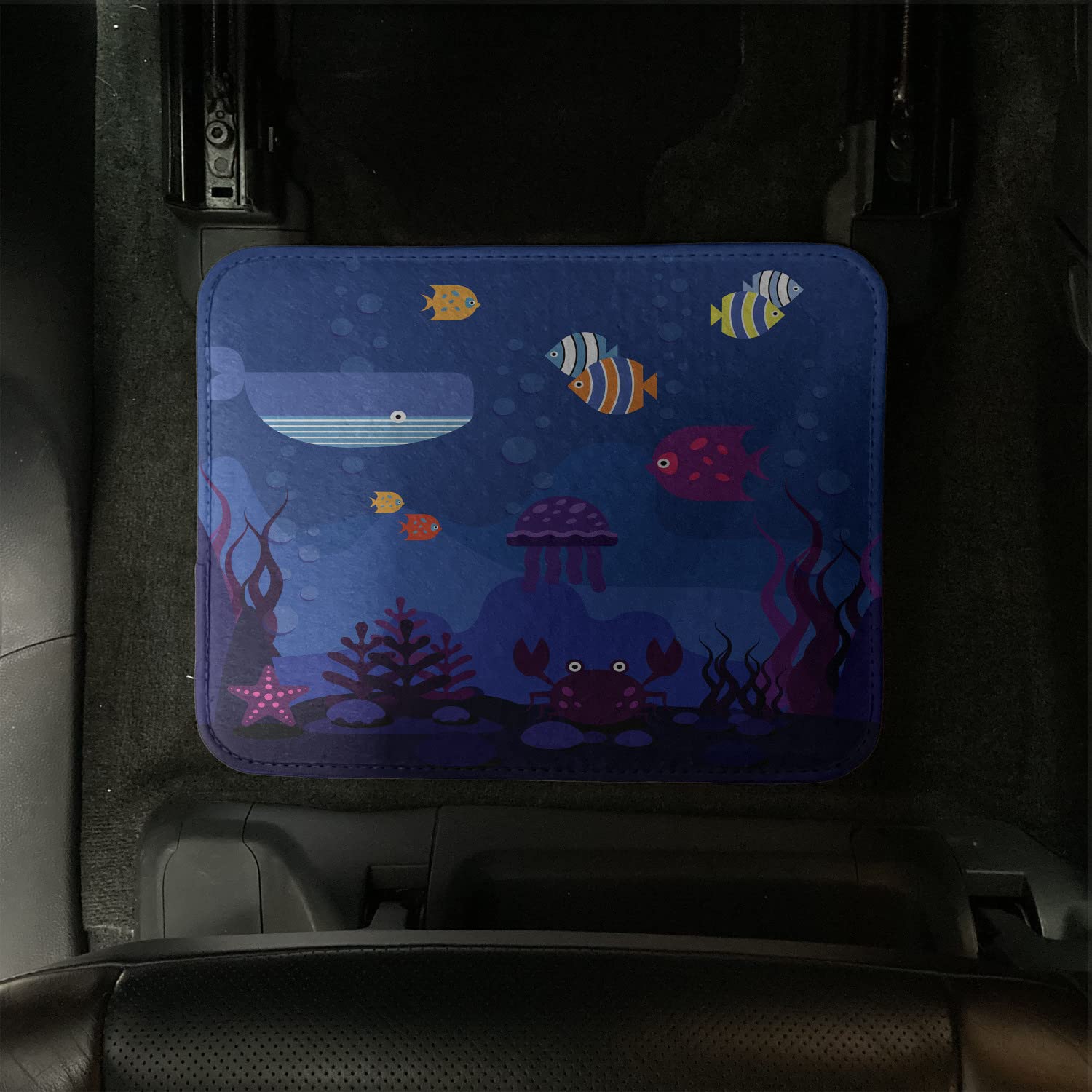Ambesonne 4-Piece Cartoon Car Floor Mat Set - Underwater World Theme with Fish, Whale, Crabs, Jellyfish & Coral Design | Durable PVC Backing Non-Slip Car Accessories for Kids & Adults | Perfect for Family Road Trips, Beach Outings & Marine Lovers