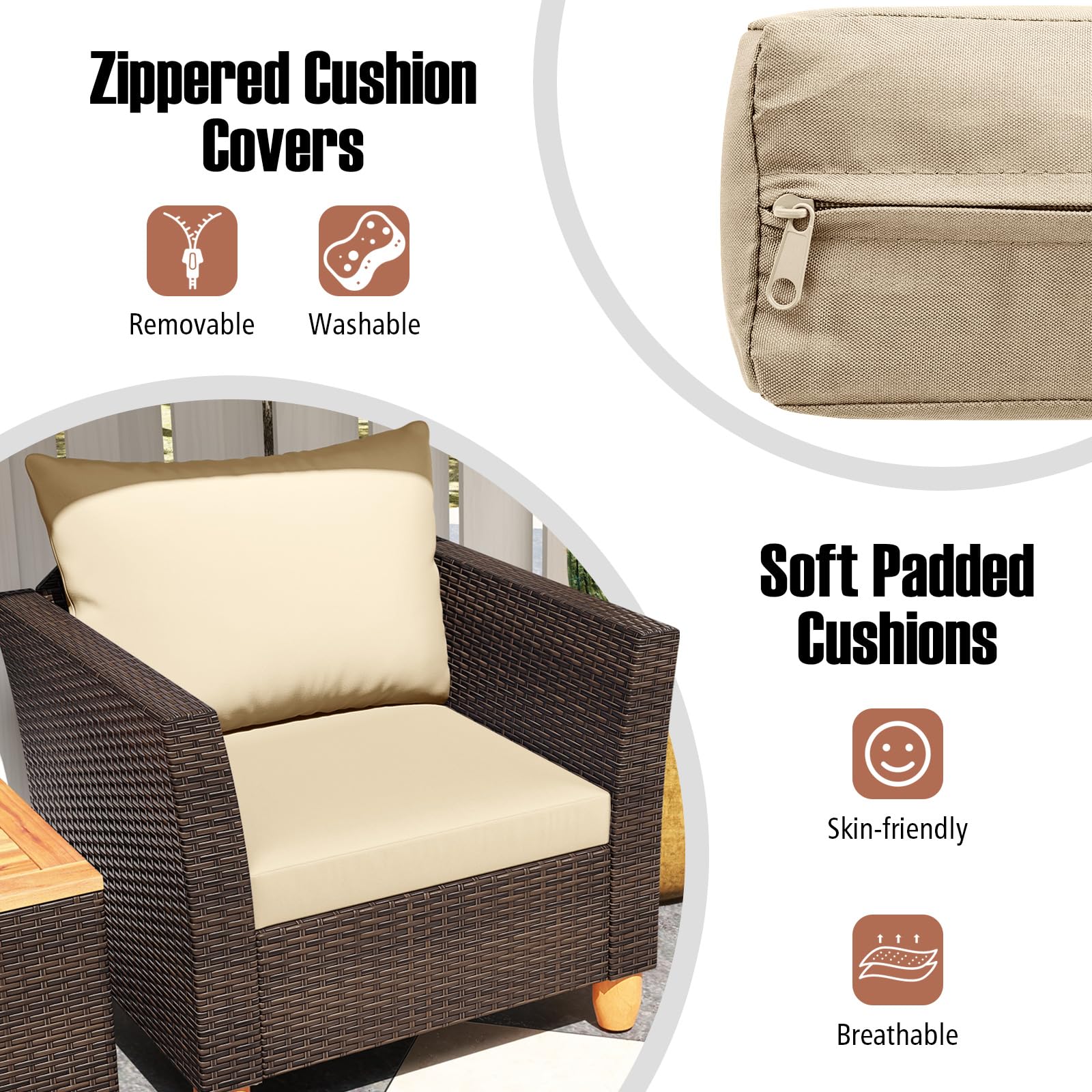 Tangkula 3-Piece Outdoor Patio Furniture Set - PE Wicker Bistro Set with Acacia Wood Frame & Soft Cushions - Perfect for Porch, Balcony, Garden & Backyard Relaxation (Beige)