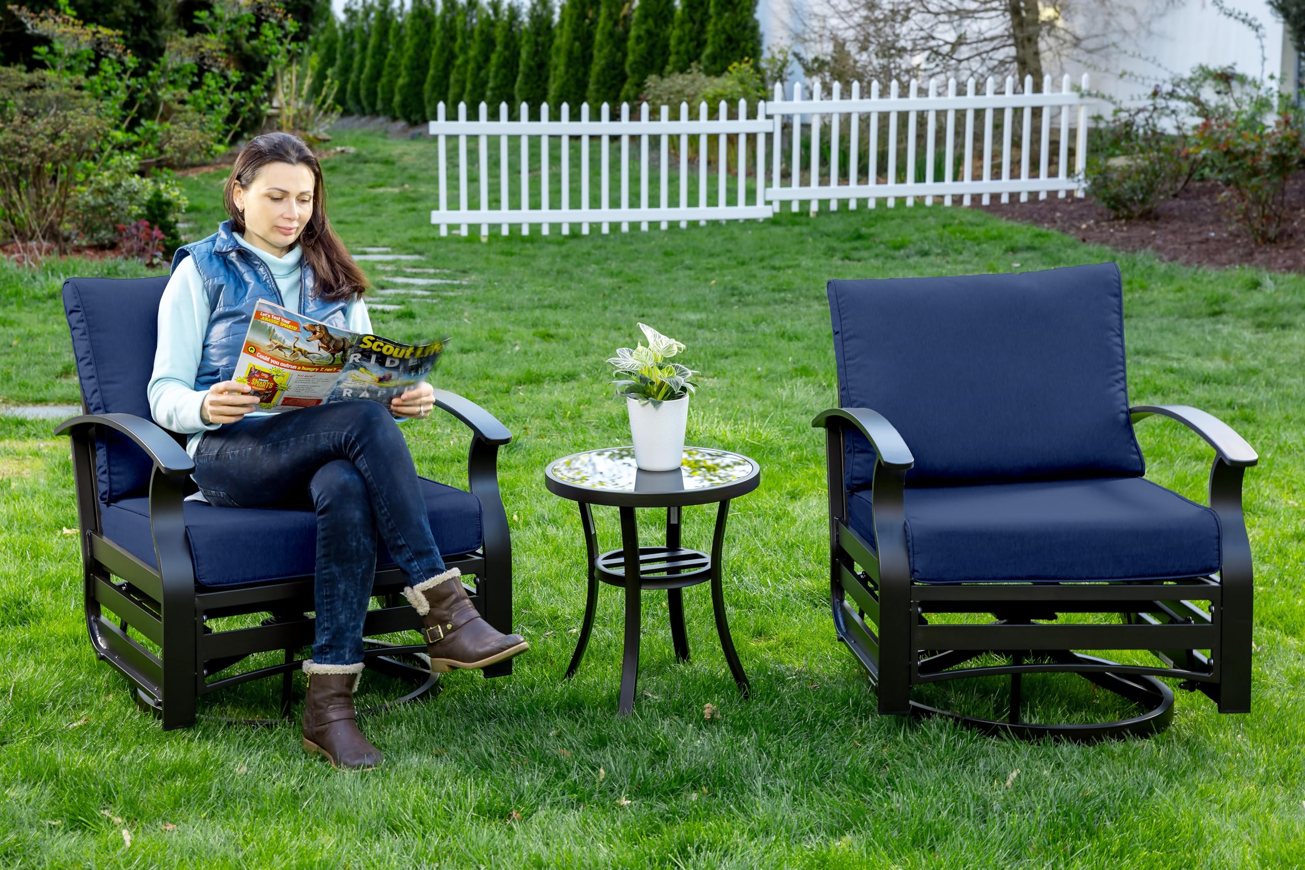 Gotland 3-Piece Outdoor Aluminum Swivel Rocking Chair Set with Coffee Table & Navy Cushions - Patio Furniture for Porch, Garden, Deck, and Backyard Relaxation