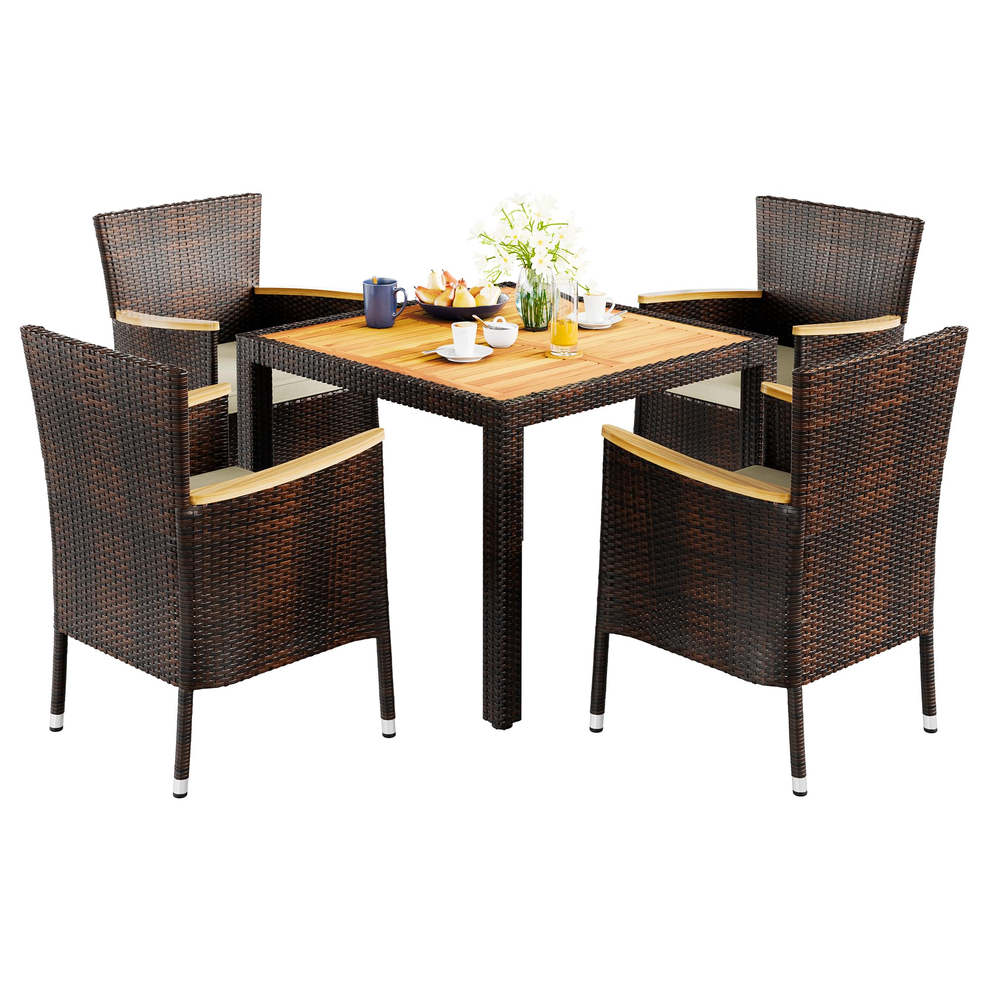 Vongrasig 5-Piece Small Patio Dining Set - Space-Saving Outdoor Wicker Furniture with Wood Table & Cushioned Rattan Chairs - Perfect for Lawn, Garden, Backyard, Balcony & Small Outdoor Spaces (Brown)
