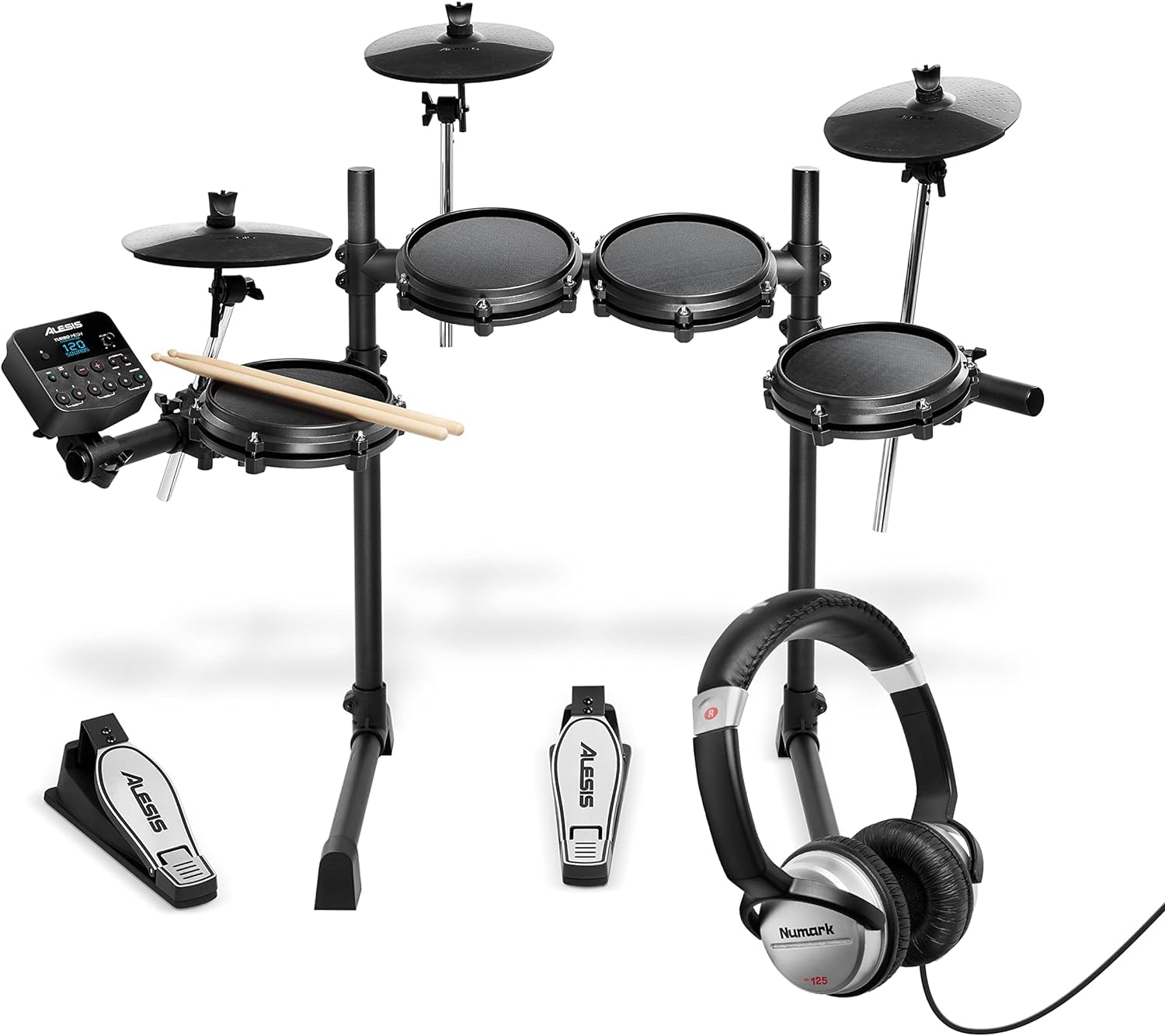 Alesis Turbo Mesh Kit & Numark HF125 - Electric Drum Set with 100+ Sounds, Mesh Pads, Headphones, Drumsticks & Lessons | Perfect for Beginners, Home Practice & Studio Recording