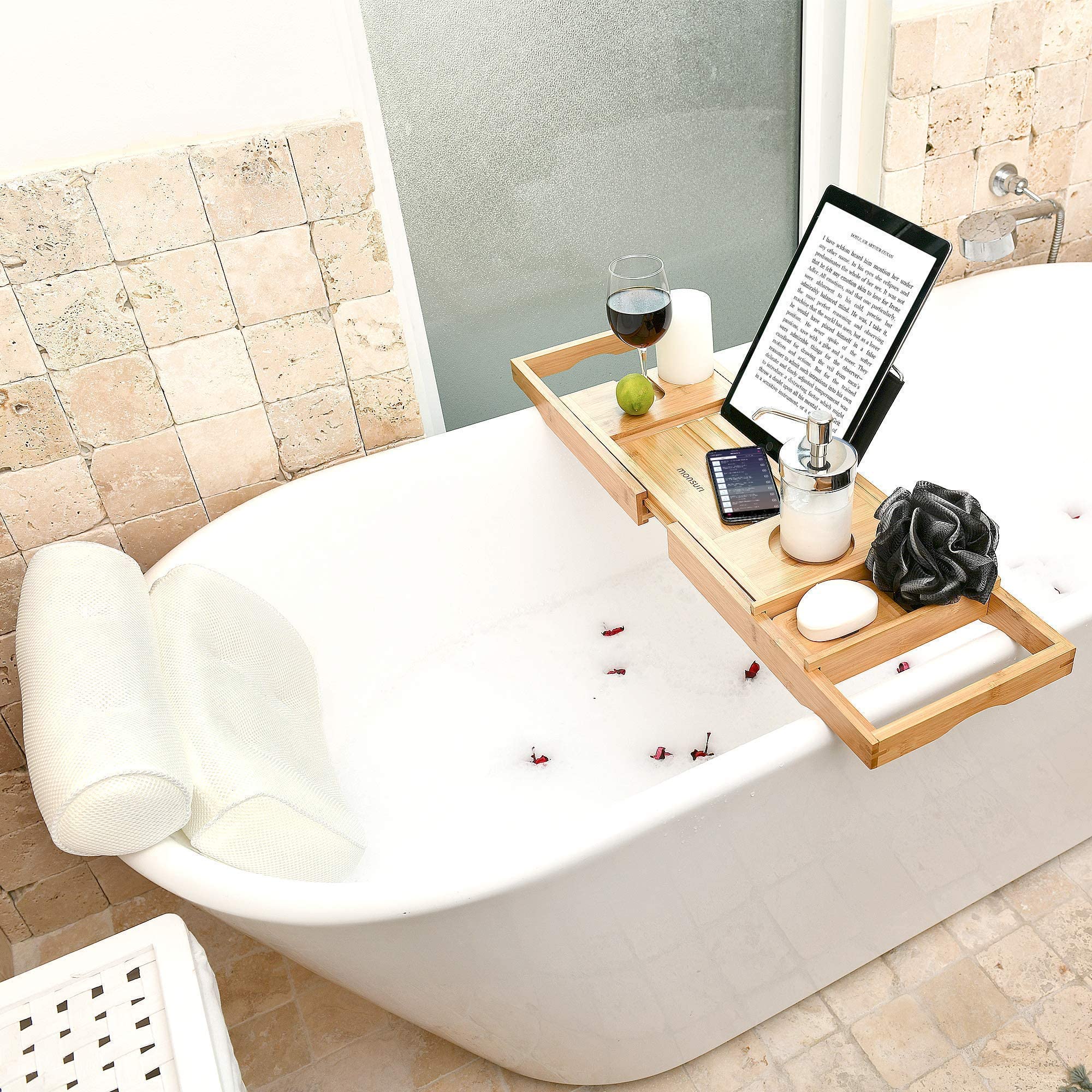 Luxurious Bathtub Tray and Bath Pillow Set - Spa Quality Bath Caddy with Comfortable Tub Pillow for Relaxing Bubble Baths | Perfect Self-Care Gift for Women and Mom | Ideal for Home Spa Nights, Mother's Day Gifts & Bathroom Relaxation