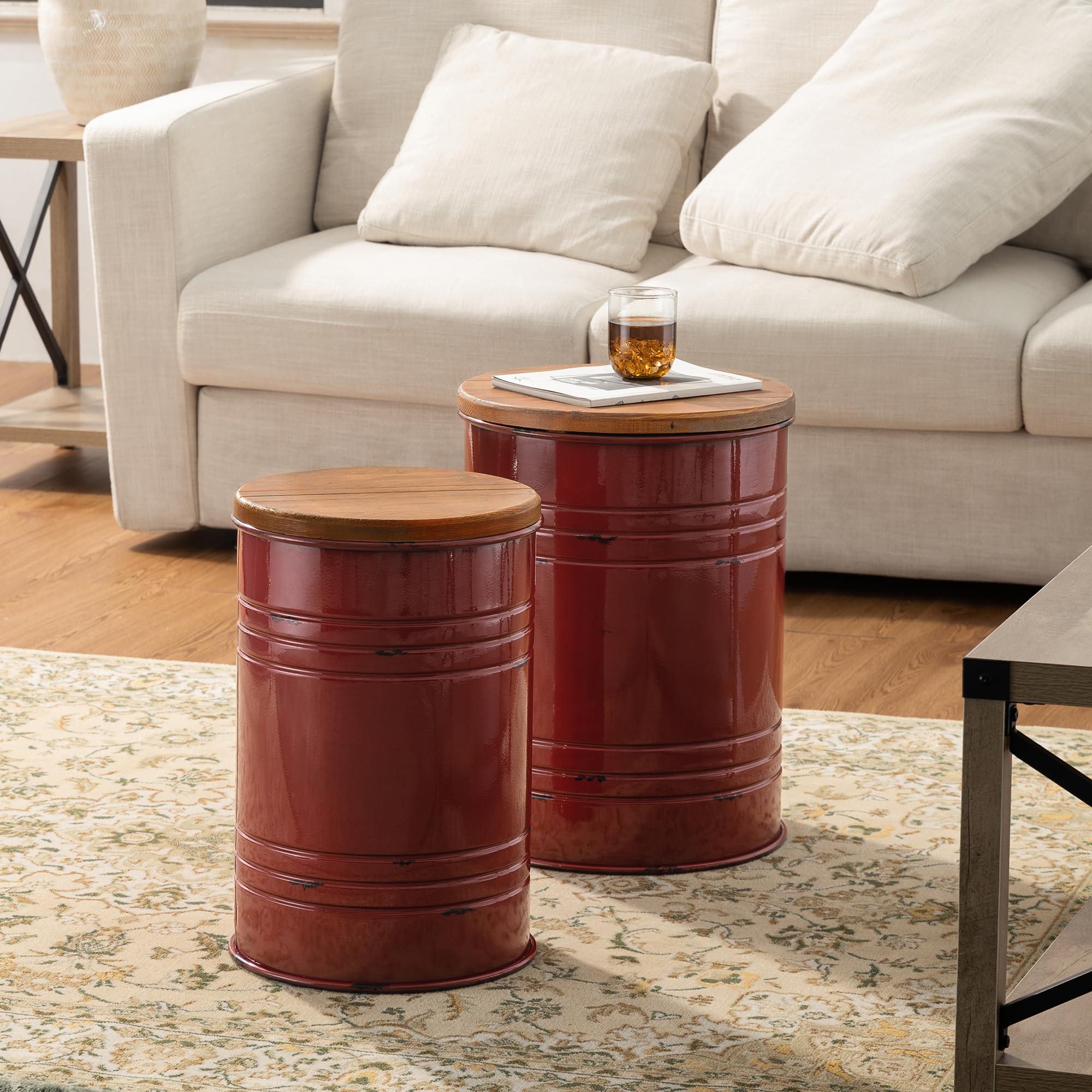 Glitzhome 2-Piece Farmhouse Nesting Tables with Storage Lids - Rustic Metal Barrel Side Tables for Living Room, Bedroom, Office - Red | Perfect for Small Space Decor & Extra Storage