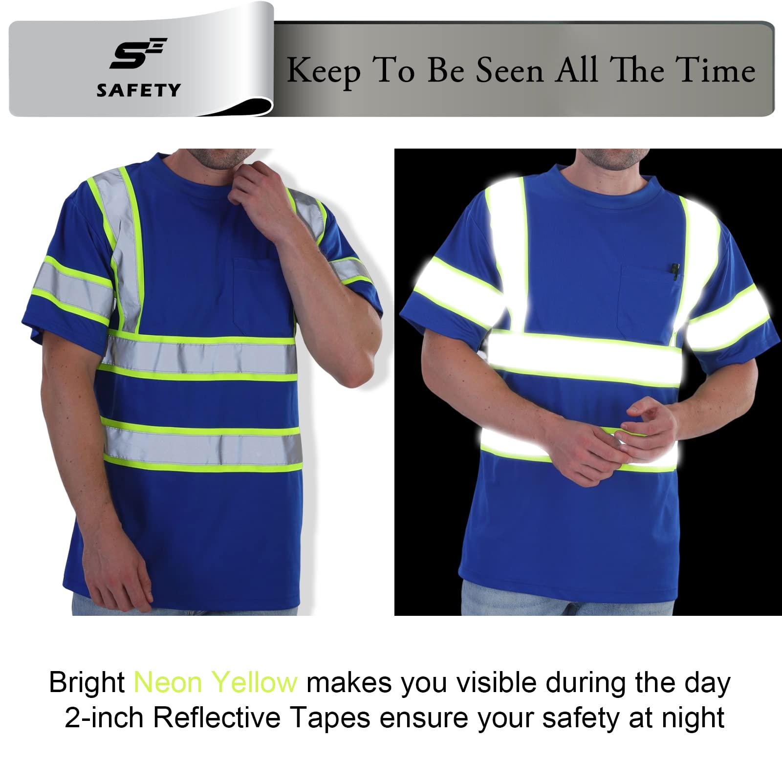High Visibility Class 3 Safety Shirts for Men - Reflective Construction Work Shirts with Pocket, Short Sleeve Blue & Yellow Stripes (Size XL) - Ideal for Road Construction, Night Work & Emergency Response Teams