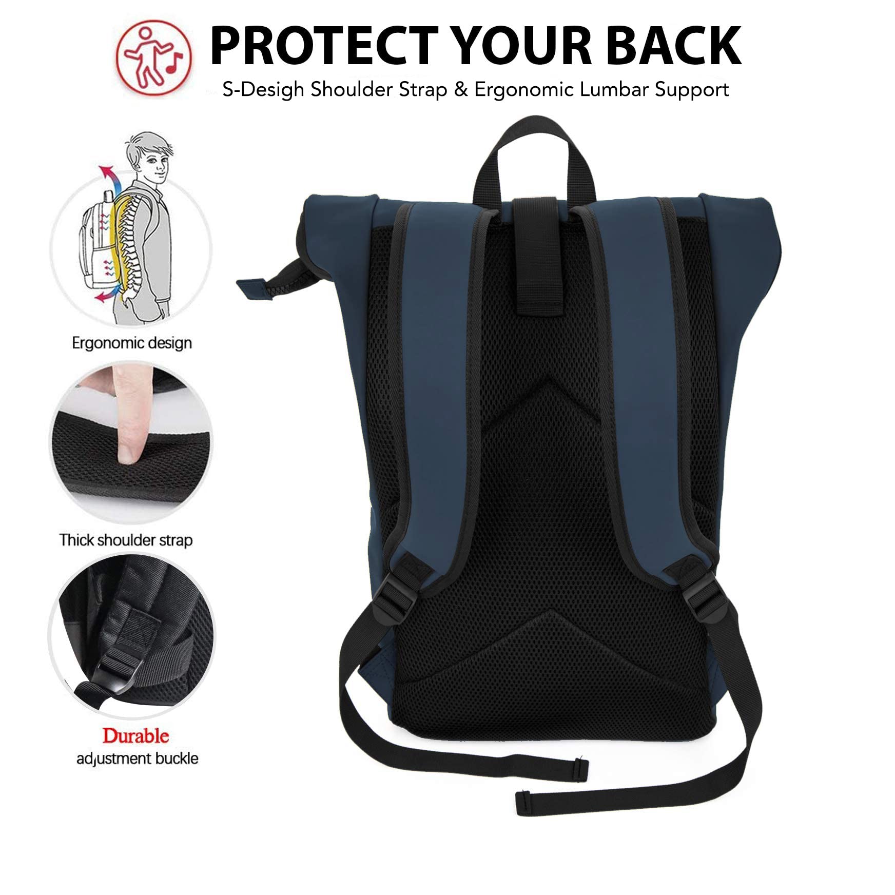 X RAY Roll Top Laptop Backpack for Men & Women - Waterproof PU Leather Expandable 22L Backpack with Adjustable Capacity, Fits 15.6 Inch Laptop (Navy) - Perfect for Work, Travel & College