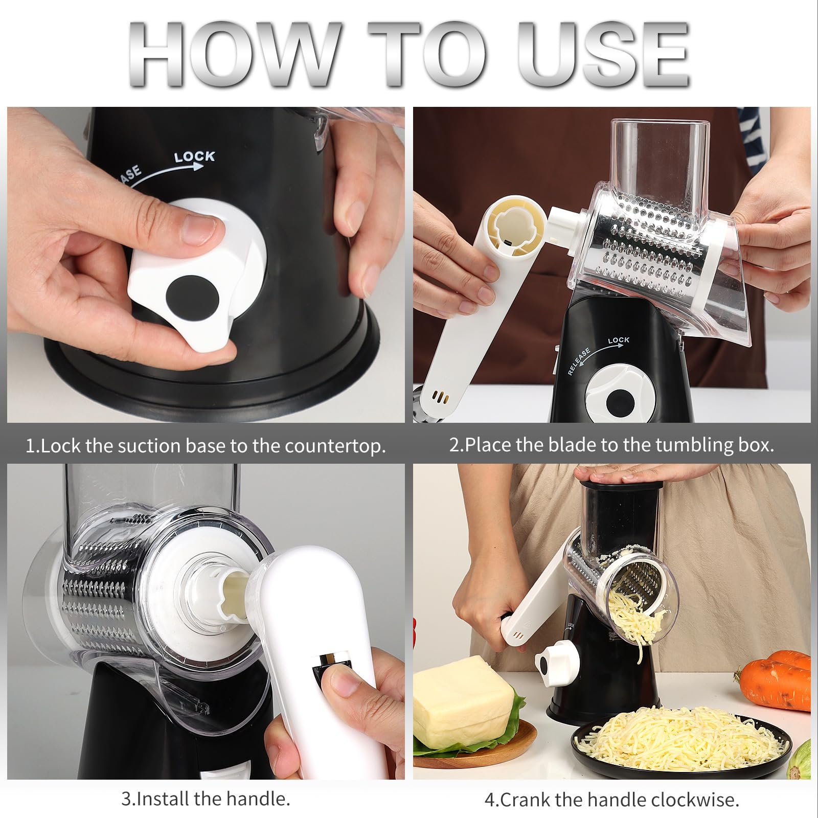 Cambom Rotary Cheese Grater - Hand Crank Cheese Shredder for Fresh Cheese, Vegetables & Nuts with Non-Slip Suction Base - Includes Free Cleaning Brush & 3 Blades (Black) - Perfect for Kitchen, Pizza Making & Food Prep