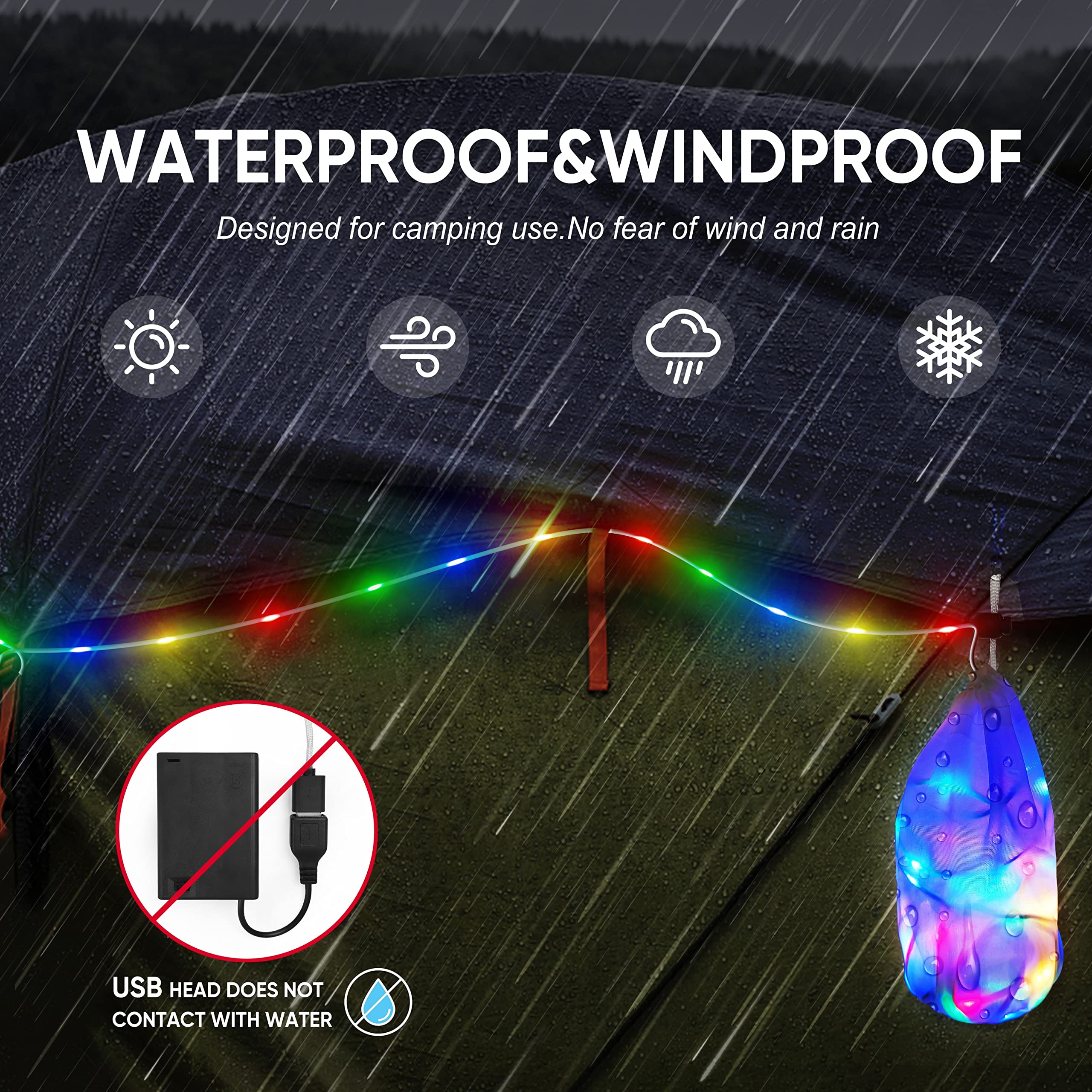 **24ft Waterproof USB/Battery Powered Camping Rope Lights with Hooks & Storage Bag - Outdoor String Lights for RV Awnings, Bicycle, Home Party, Garden, Patio - Perfect Camping Gifts for Women & Men**    *(Use Scenes: Illuminate your camping tent, RV awning, backyard patio, garden parties, bicycle rides, or holiday decorations with these versatile waterproof rope lights.)*