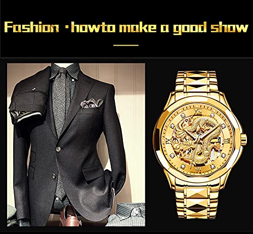 OLEVS Men's Gold Automatic Skeleton Mechanical Watch with Dragon Design - Luxury Tungsten Steel Business Dress Watch, Luminous Hands, 160FT Waterproof, Diamond Accents - Perfect for Formal Events, Business Meetings & Special Occasions