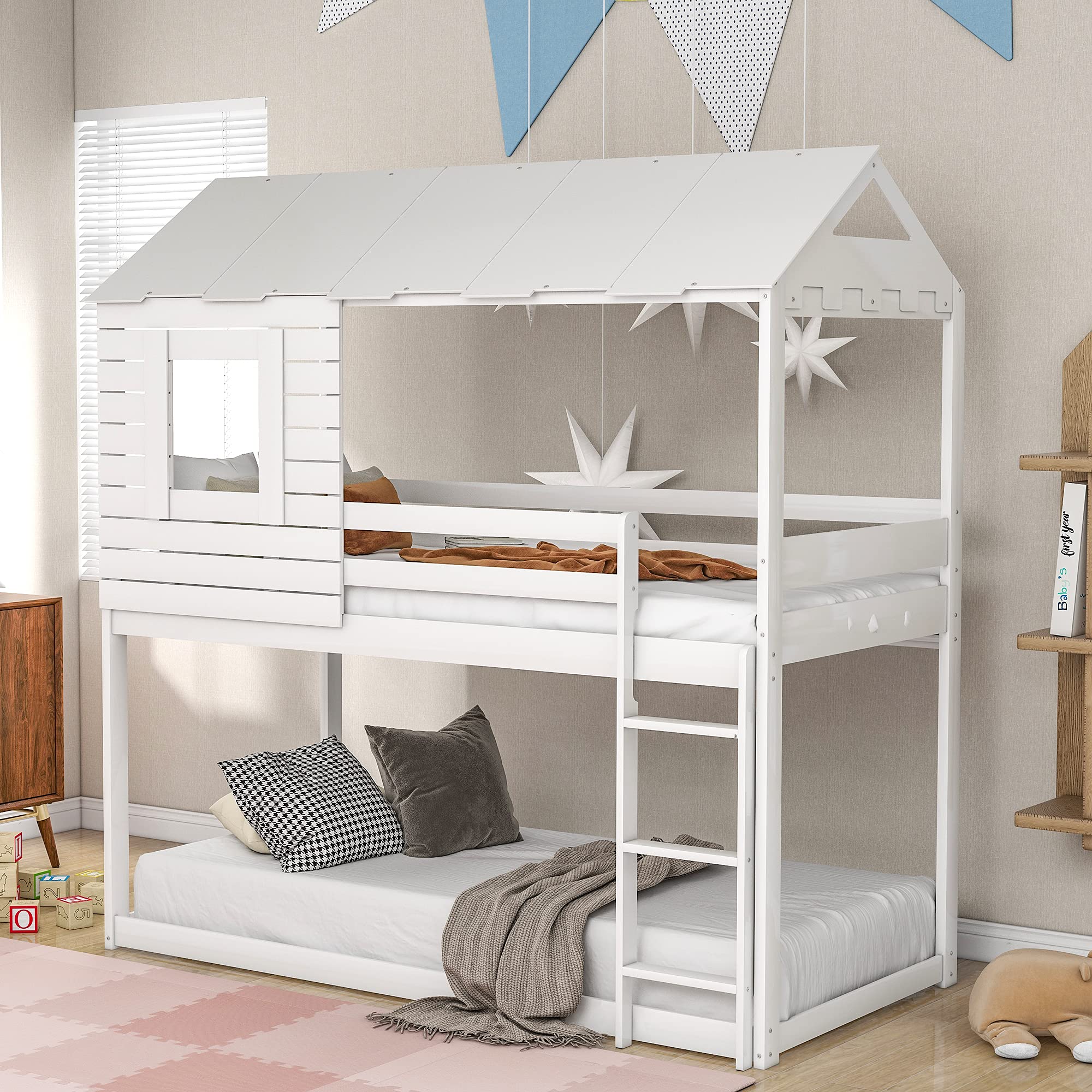 Merax Twin Over Twin Wooden Bunk Bed with Roof, Window, Guardrail & Built-in Ladder - Kids Loft House Bed Frame in White | Perfect for Small Bedrooms, Shared Kids Rooms & Space-Saving Sleep Solutions