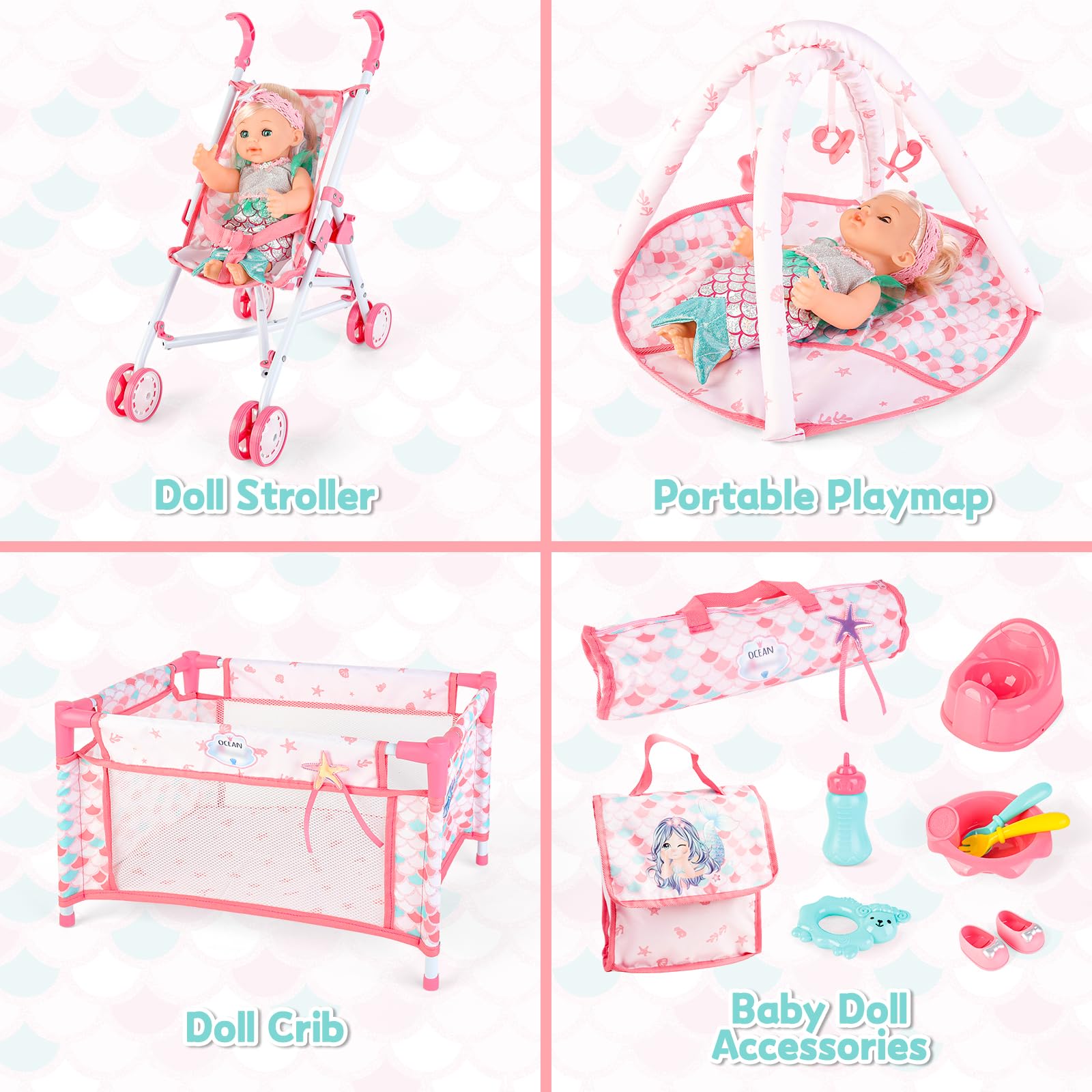 deAO Baby Doll Stroller & Crib Bed Set - Foldable Nursery Play Set with Travel Cot, Play Mat & Carry Bag - Perfect for Role Play, Birthday Gifts for Girls & Boys | Indoor Playtime, Pretend Parenting, Travel Companion
