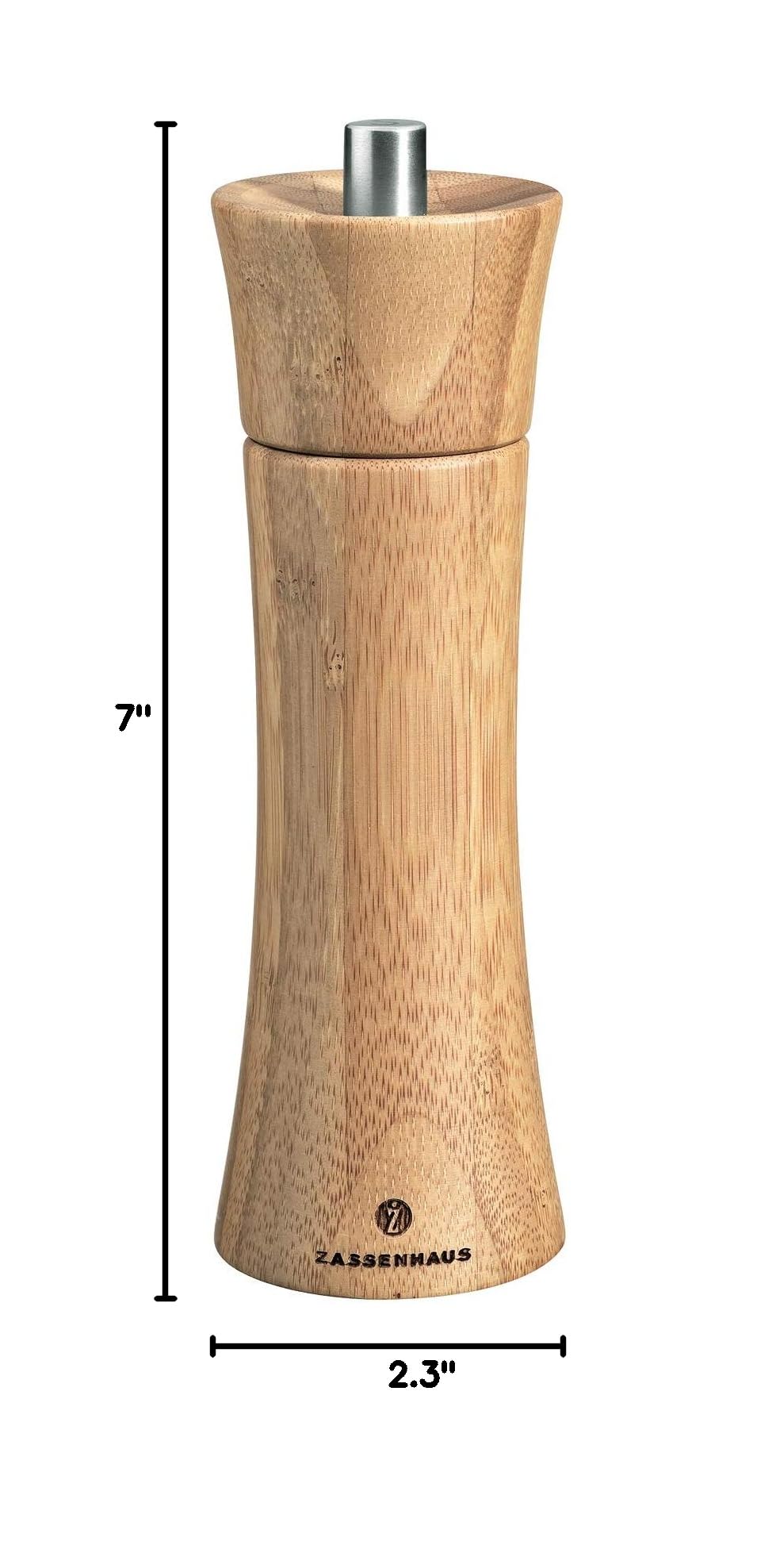 Premium Zassenhaus Frankfurt 7-Inch Bamboo Salt Grinder - Manual Adjustable Coarseness for Gourmet Cooking, Perfect for Kitchen, Dining Table & Outdoor Picnics