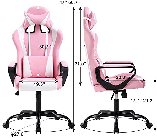 Racing Style Gaming Chair - Ergonomic High Back Office Chair with Adjustable Headrest & Lumbar Support - Pink Leather Computer Desk Chair for Gaming, Work & Home Office Use