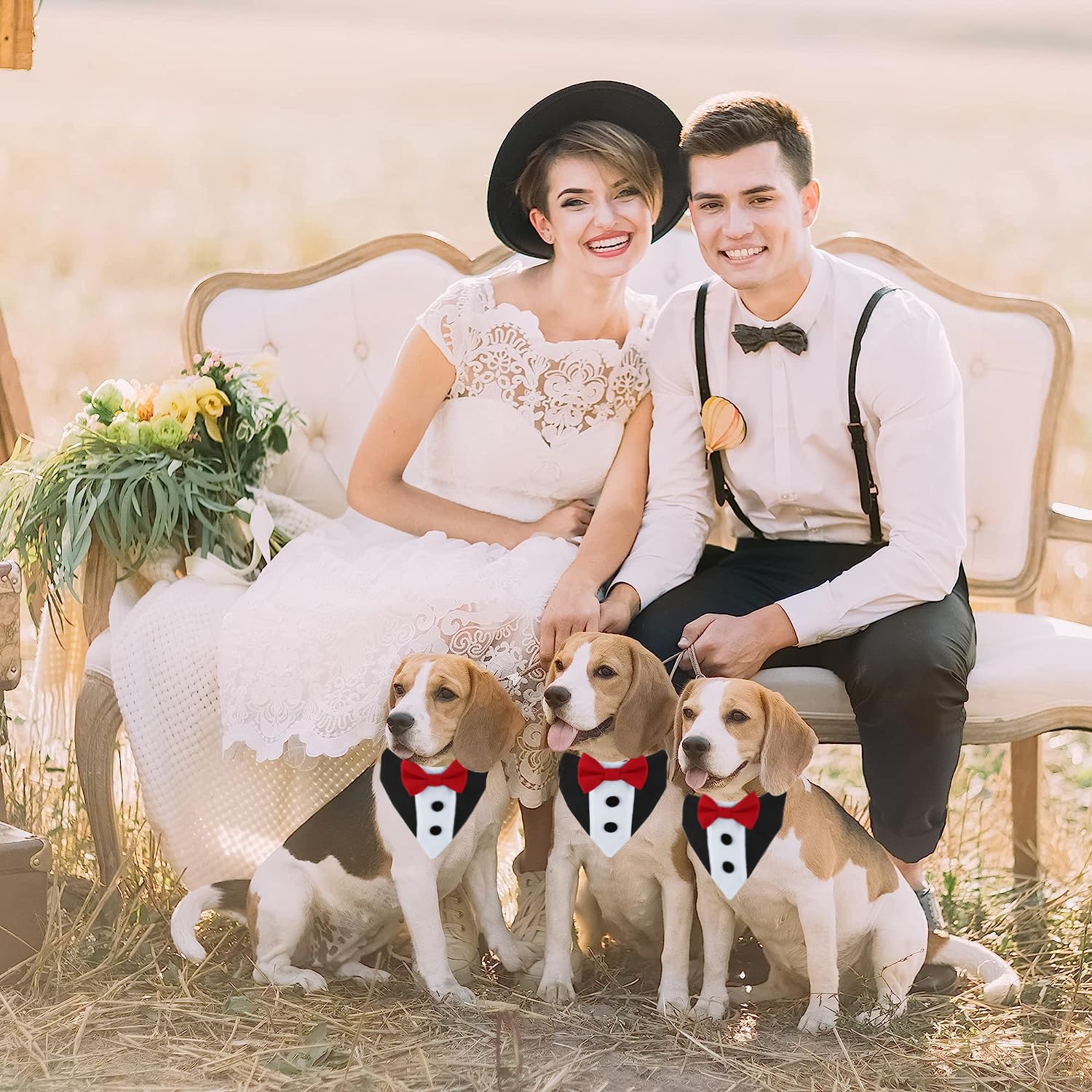 Dog Tuxedo & Adjustable Collar with Red Bow Tie - Formal Wedding & Birthday Outfit for Small, Medium & Large Dogs | Detachable Bow Tie & Scarf for Pet Weddings, Parties & Special Occasions