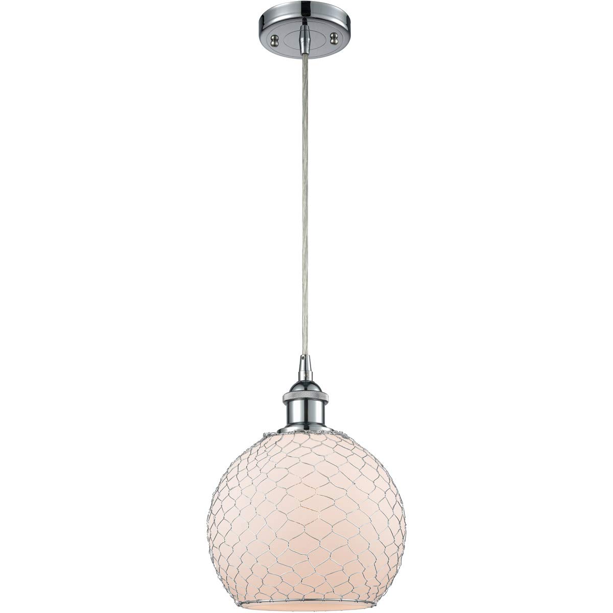 Polished Chrome Mini Pendant Light Fixture - 8 Inch Wide White Glass Shade with Nickel Chicken Wire Design - Steel/Cast Brass Construction - Perfect for Kitchen Island, Dining Room or Entryway Lighting