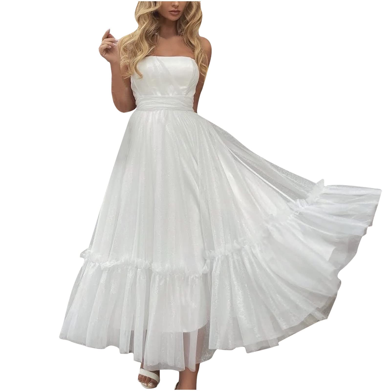 PIMOXV Women's Summer Wedding Guest Dress - Strapless Bridesmaid Prom Gown with Ruffle Flare & Pleated Design for Elegant Evening Events | Perfect for Weddings, Parties & Formal Occasions
