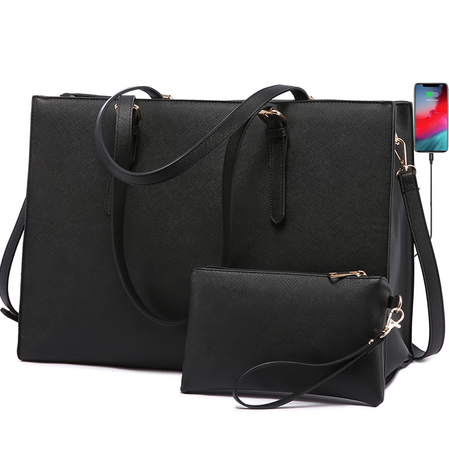 LOVEVOOK Women's Leather Laptop Tote Bag - Stylish 15.6 Inch Computer Briefcase for Business & Work, Large Capacity Professional Shoulder Bag Purse Set (2PCs, Black) - Perfect for Office, Commuting & Travel