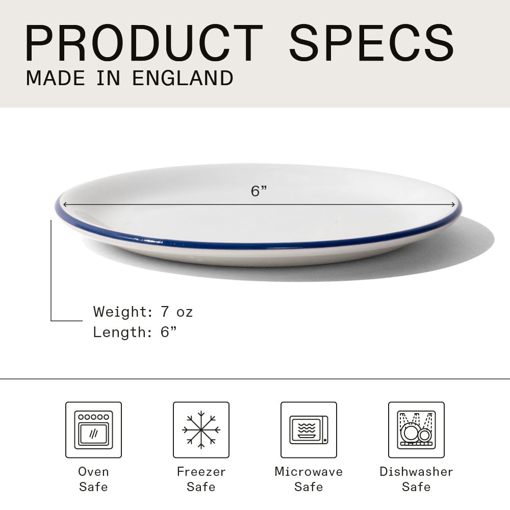 Premium Porcelain Bread and Butter Plate Set of 4 - White with Navy Blue Rim - English Crafted Dinnerware for Breakfast, Tea Parties & Elegant Dining