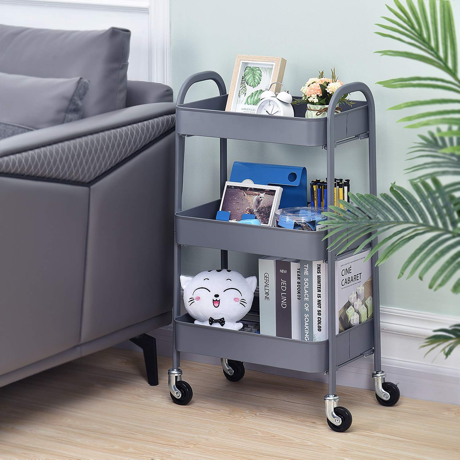 3-Tier Rolling Utility Cart with Wheels - Pink & White Bundle for Kitchen, Bathroom, Office Storage and Organization | No-Screw Assembly Metal Cart for Home, Dorm, Salon or Garage