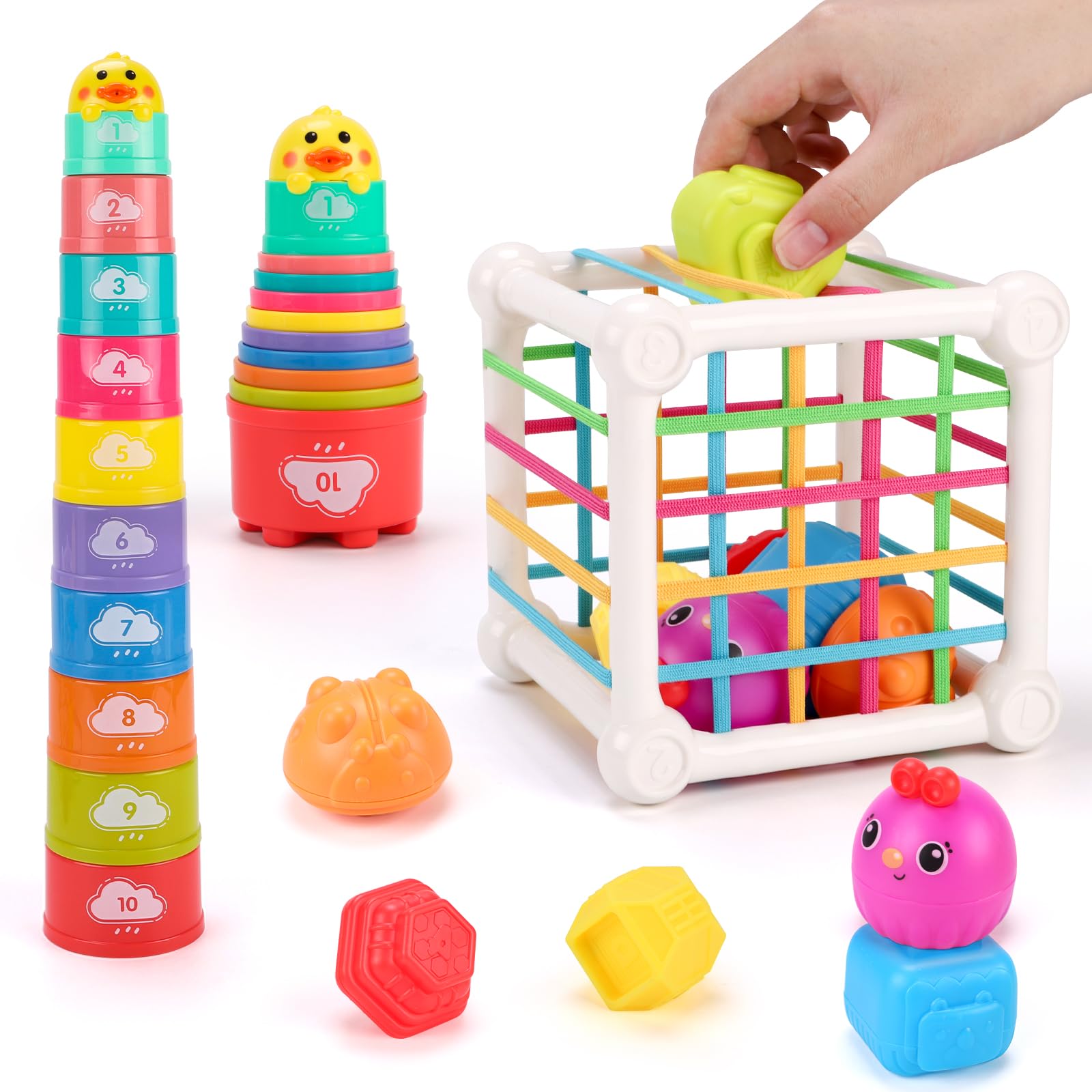 QIZEBABY Montessori Baby Toys for 6-18 Months - Sensory Shape Blocks & 10pcs Stacking Nesting Cups, Toddler Learning Toys for 1-2 Year Old Boys & Girls | Developmental Toys for Color Recognition, Fine Motor Skills | Perfect for Playtime, Daycare & Early Childhood Education