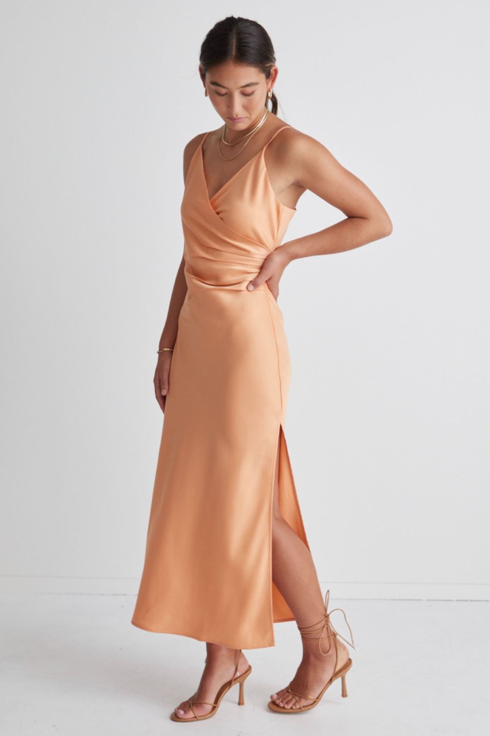 Rapture Papaya Satin Strappy Mock Wrap Midi Dress - Women's Sexy Summer Party Cocktail Dress for Beach Vacation & Date Night