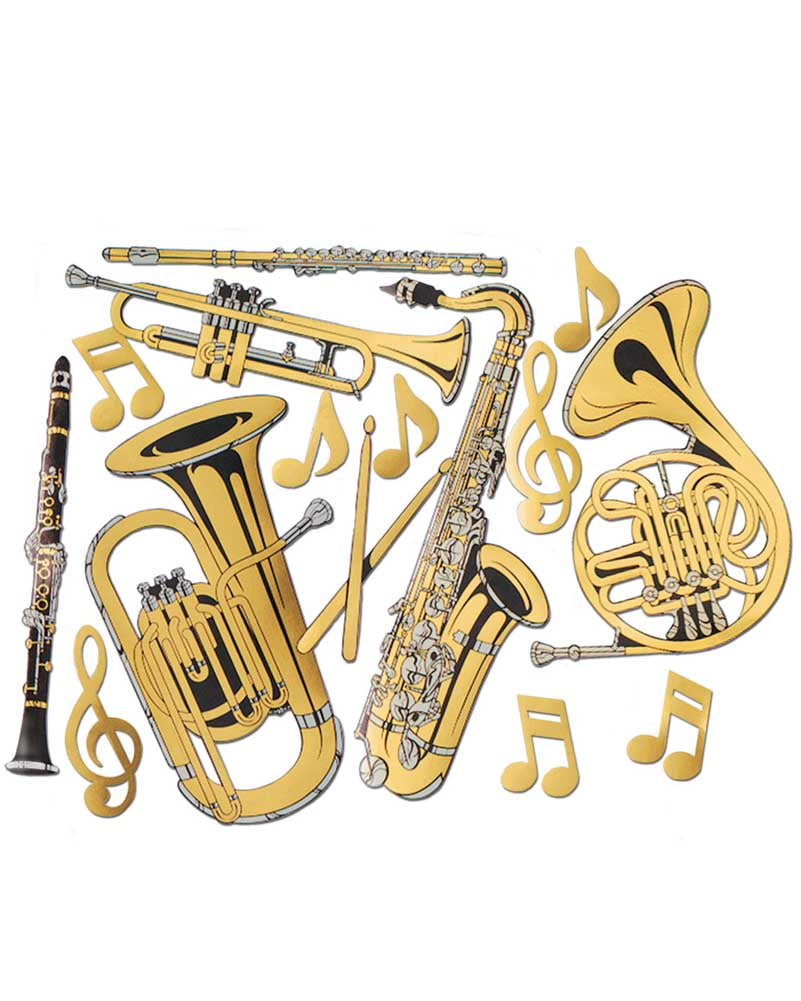 20s Gold Foil Musical Instrument Cutouts - Pack of 15 - Vintage Jazz Age Party Decorations for Birthday, Wedding & Music Theme Events