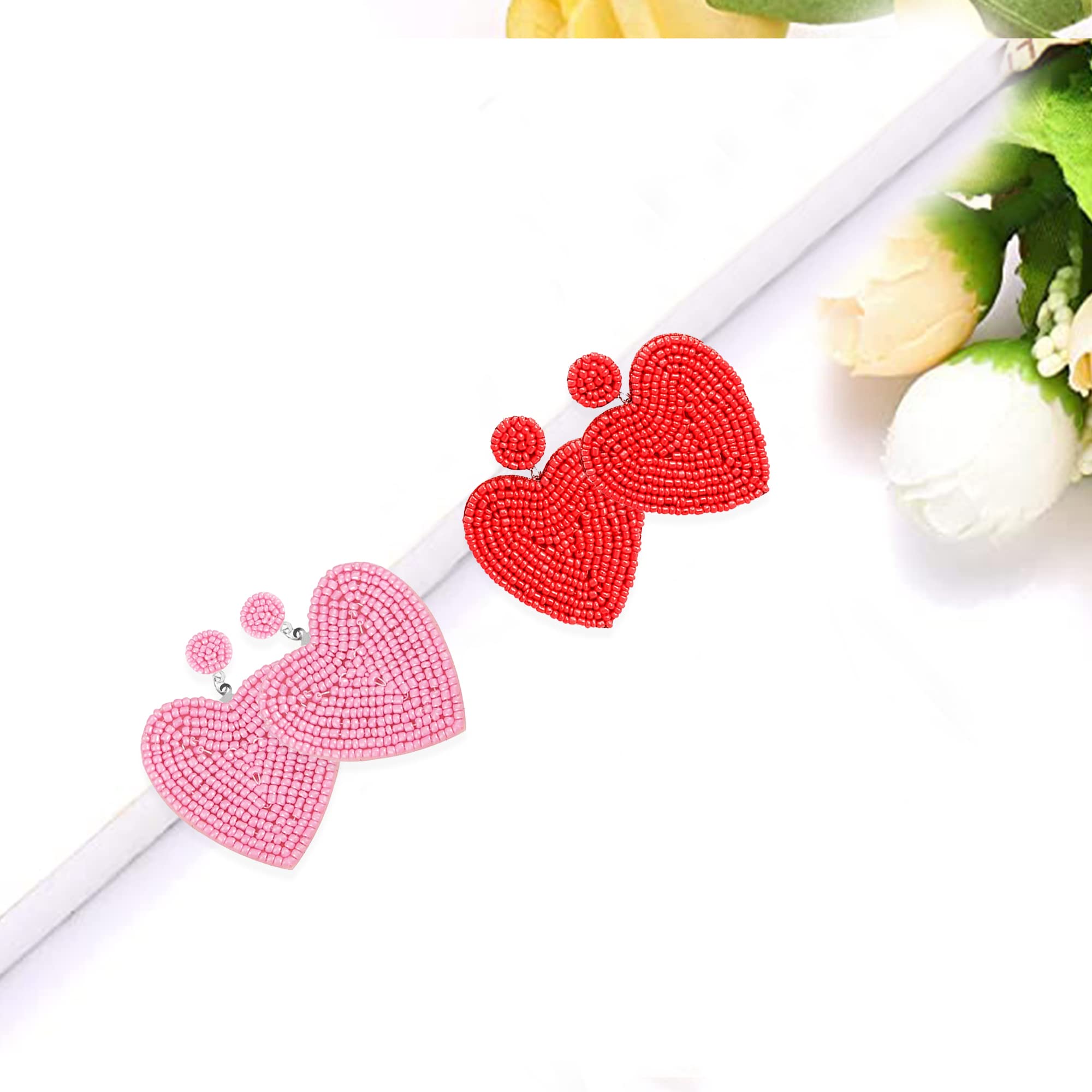 2 Pairs Handmade Bohemian Seed Bead Heart Hoop Dangle Earrings - Red & Pink Drop Earrings for Women | Perfect for Festivals, Parties & Boho Fashion Accessories