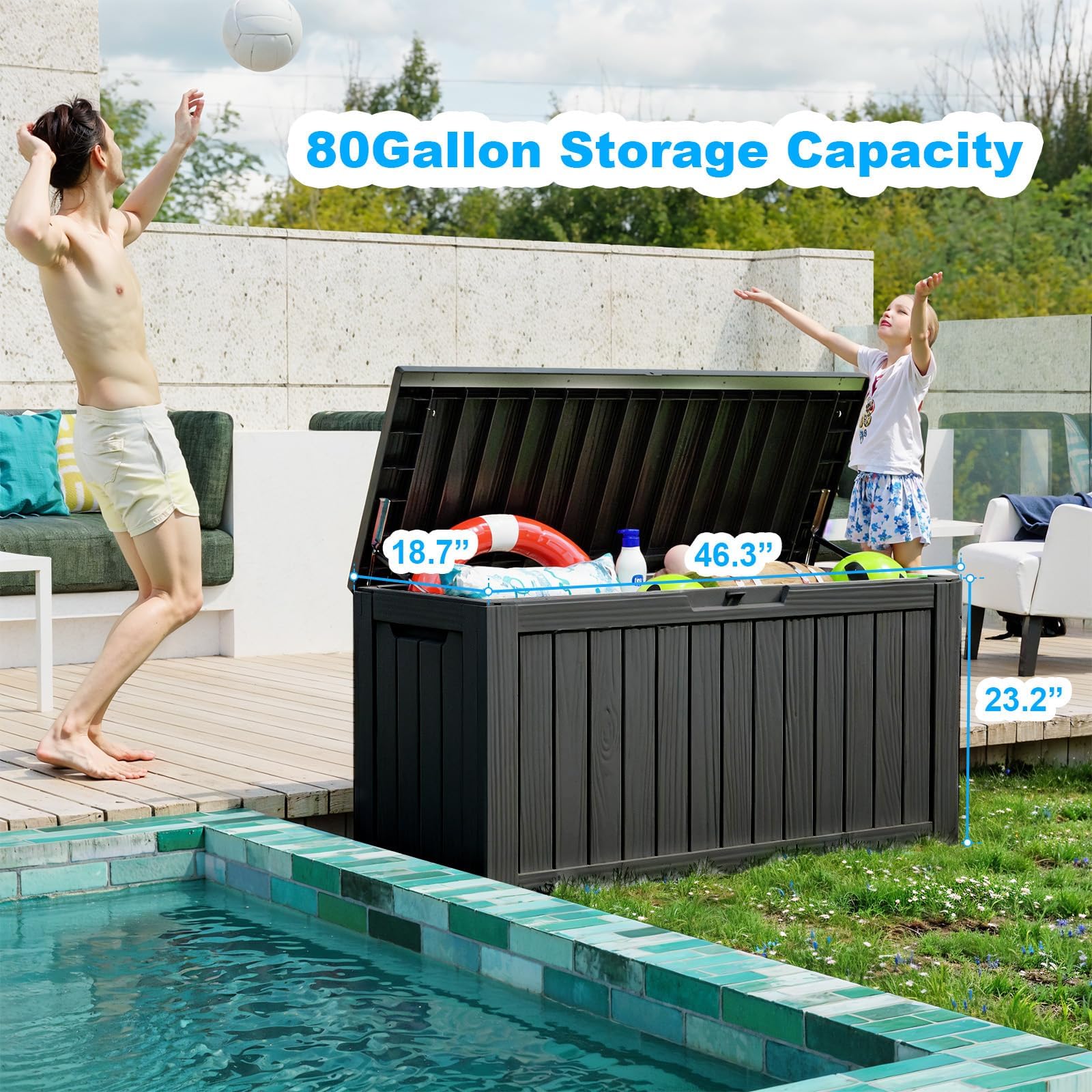 80 Gallon Resin Deck Storage Box - Waterproof, UV-Resistant & Lockable Outdoor Container for Patio Furniture Cushions, Pool Supplies, Garden Tools & Sports Equipment - Perfect for Backyard, Poolside & Garage Organization