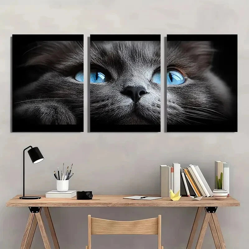 3pcs Black and White Cat with Blue Eyes Metal Wall Art - Ready to Hang Home Decor for Living Room, Bedroom, Office (12x12 Inches) - Perfect Gift for Cat Lovers, Pet Owners & Animal Enthusiasts