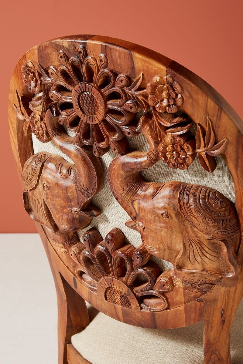 Hand Carved Elephant Armchair - Solid Wood Accent Chair with Intricate Carvings - Perfect for Living Room, Bedroom, or Home Office Decor