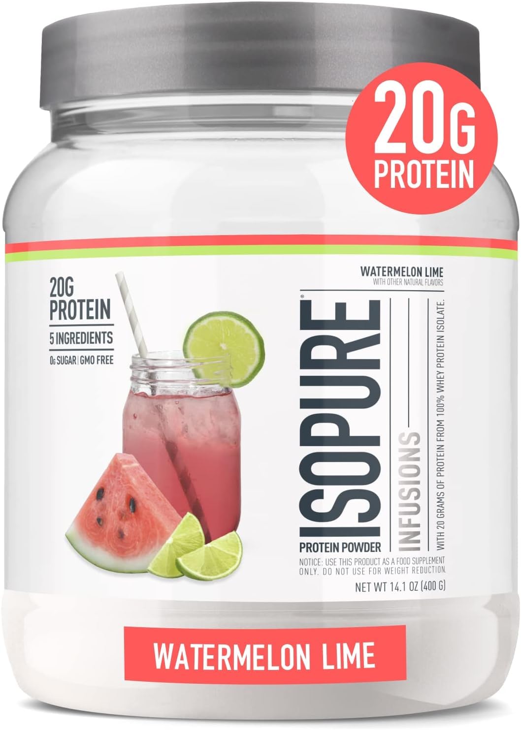 Isopure Clear Whey Isolate Protein Powder - Lactose Free, Gluten Free, Naturally Flavored Watermelon Lime - 20g Protein Per Serving (14.1 Oz, 16 Servings) | Post-Workout Recovery & Healthy Hydration for Athletes