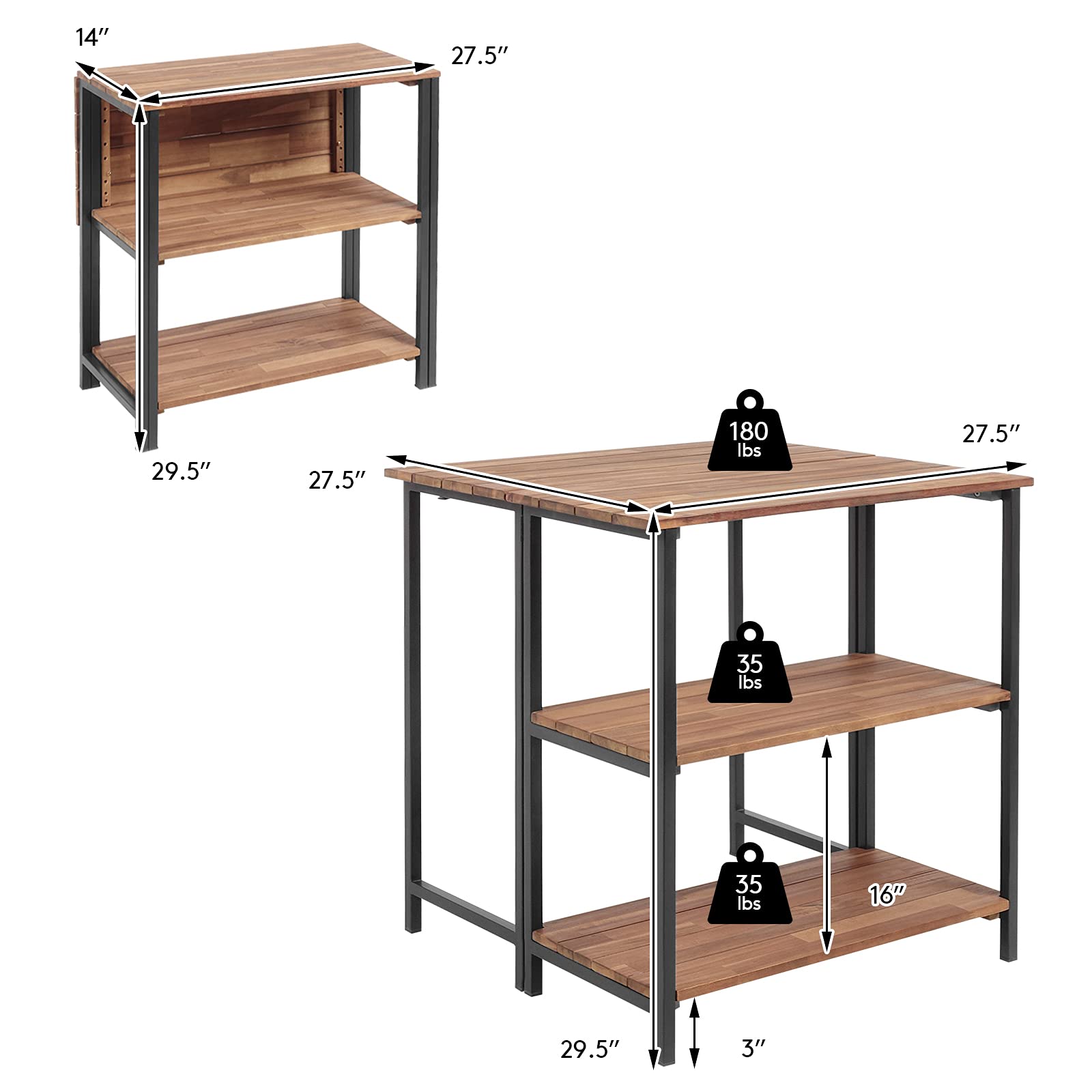 HAPPYGRILL Folding Kitchen Table - Microwave Stand with 2 Storage Shelves, Sturdy Steel Frame & Acacia Wood Top - Perfect for Small Spaces, Baking, Cooking & Kitchen Organization