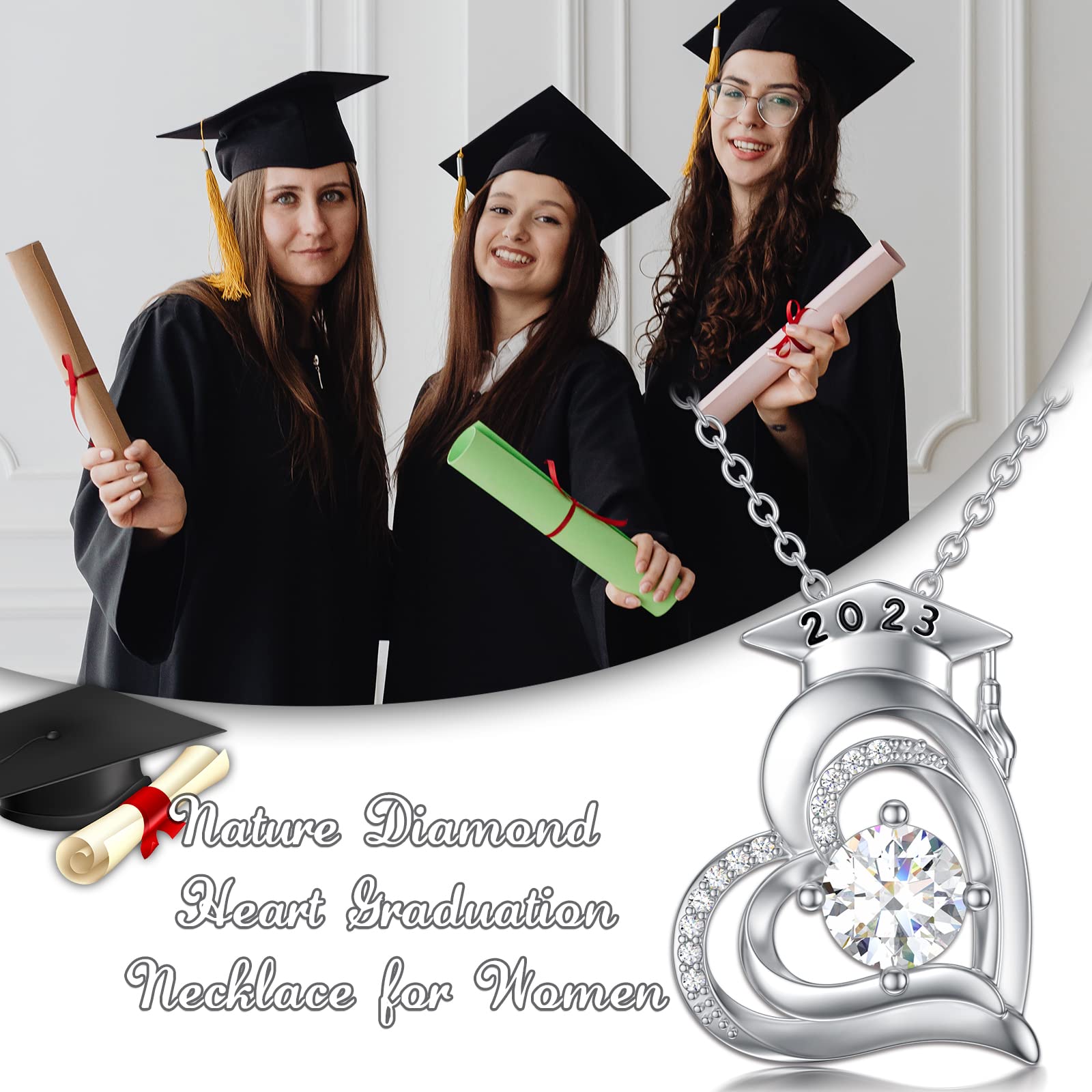 14K White Gold Plated 925 Sterling Silver Graduation Necklace for Women - Natural Diamond Heart Pendant with 2023/2022 Graduation Cap Charm, 18''+2'' Chain - Perfect Graduation Gift for Her, Daughter, Sister or Friend - Ideal for Commencement Ceremonies, Graduation Parties & Special Occasions