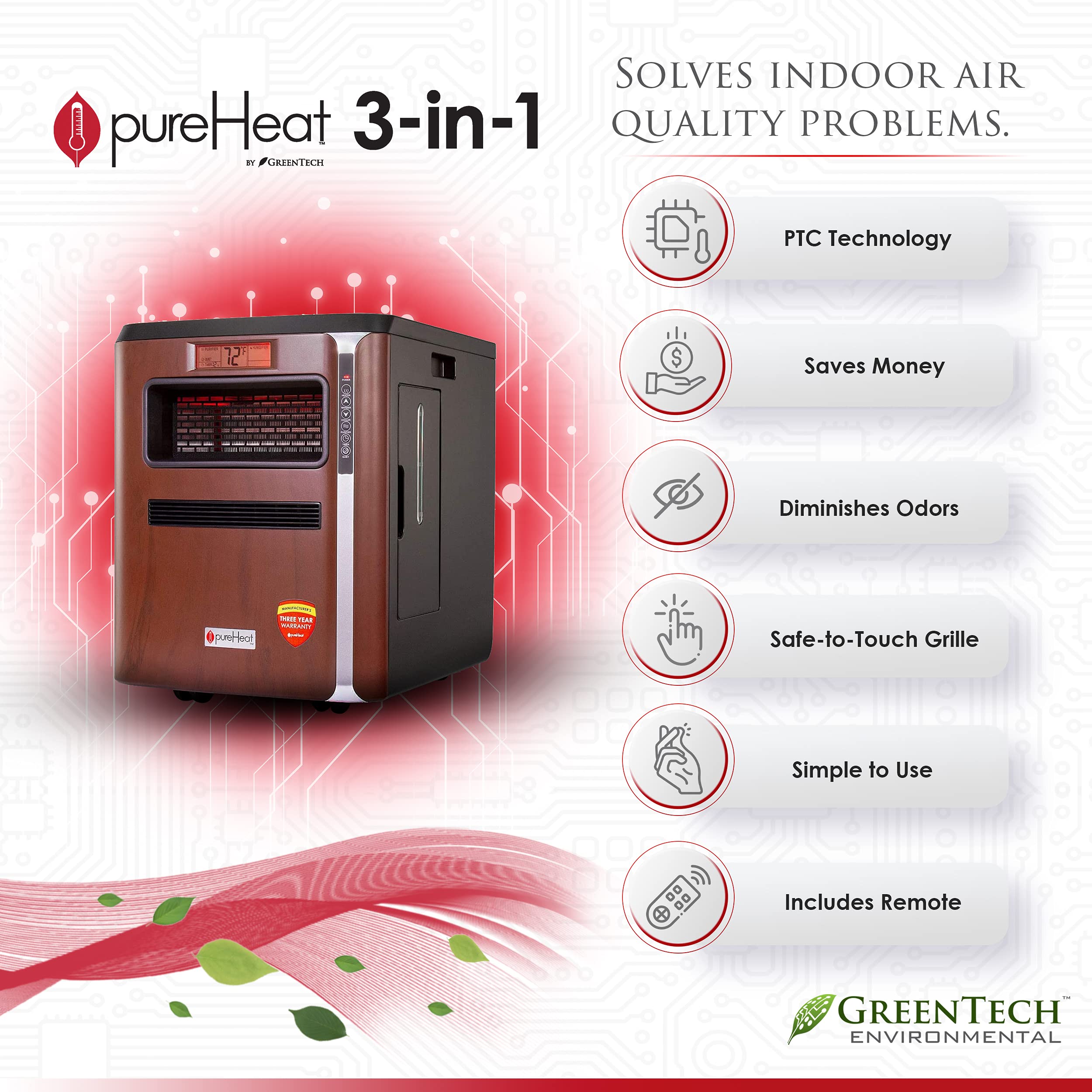GreenTech Environmental pureHeat 3-in-1 Heater, Humidifier & Air Purifier Combo - Space Saving Personal Heater with Air Purification & Humidifying Function - Perfect for Home, Bedroom, Office & Camping Use - Quiet Operation & Energy Efficient