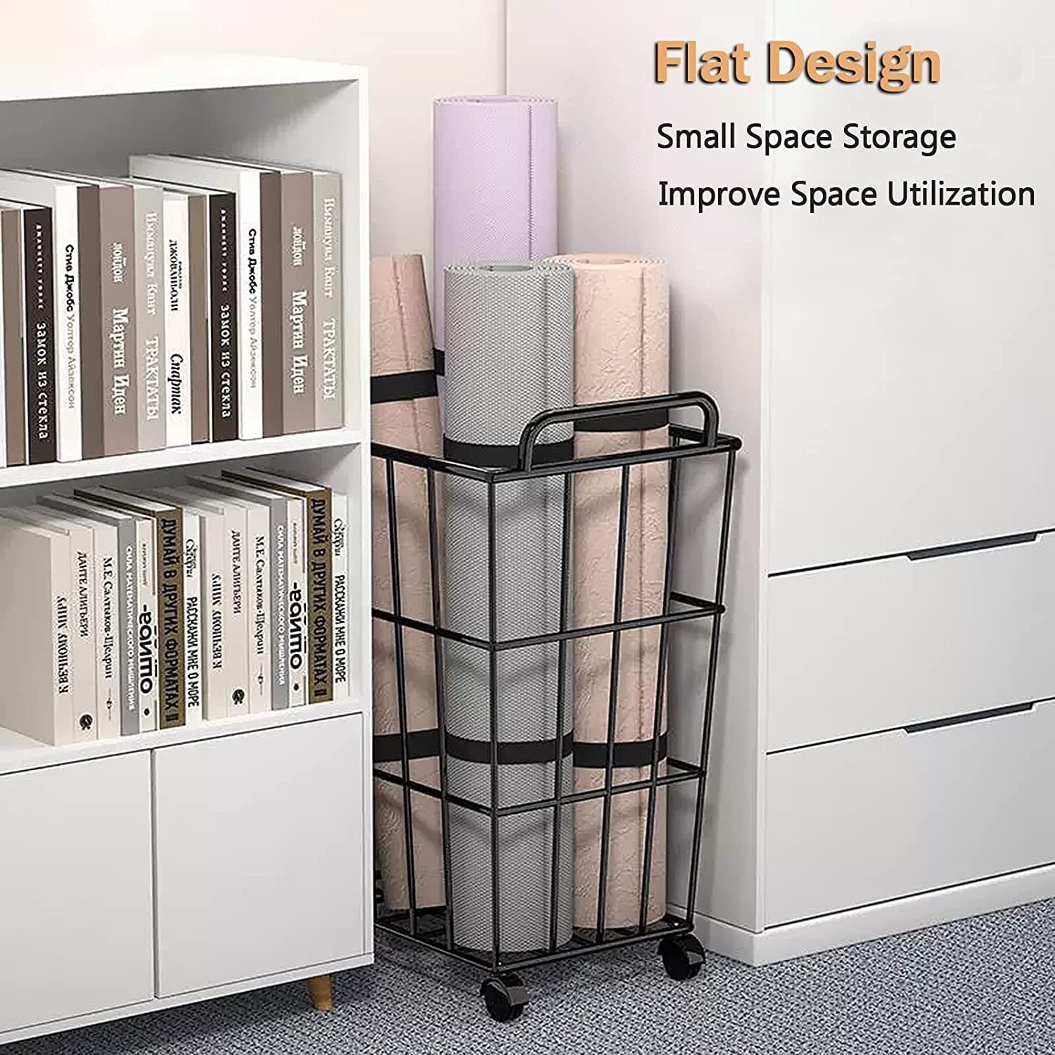 Metal Yoga Mat Organizer Basket with Wheels & Handle - Floor Standing Yoga Mat Holder Storage Cart for Home Gym, Fitness Room & Yoga Studio - Portable Mobile Yoga Equipment Organizer for Easy Mat Storage & Transport