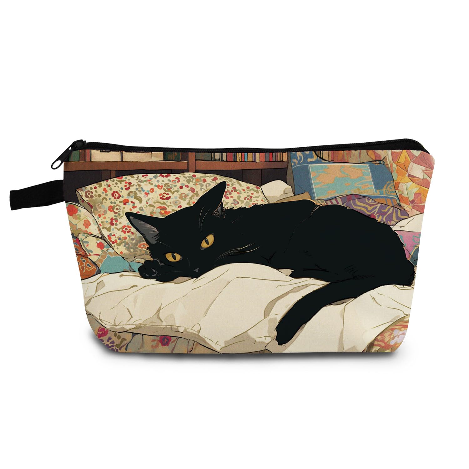 Black Cat Makeup Bag - Cute Floral Cat Cosmetic Organizer with Zipper - Perfect Gift for Cat Lovers Women - Great for Travel, Birthday Presents & Daily Beauty Storage