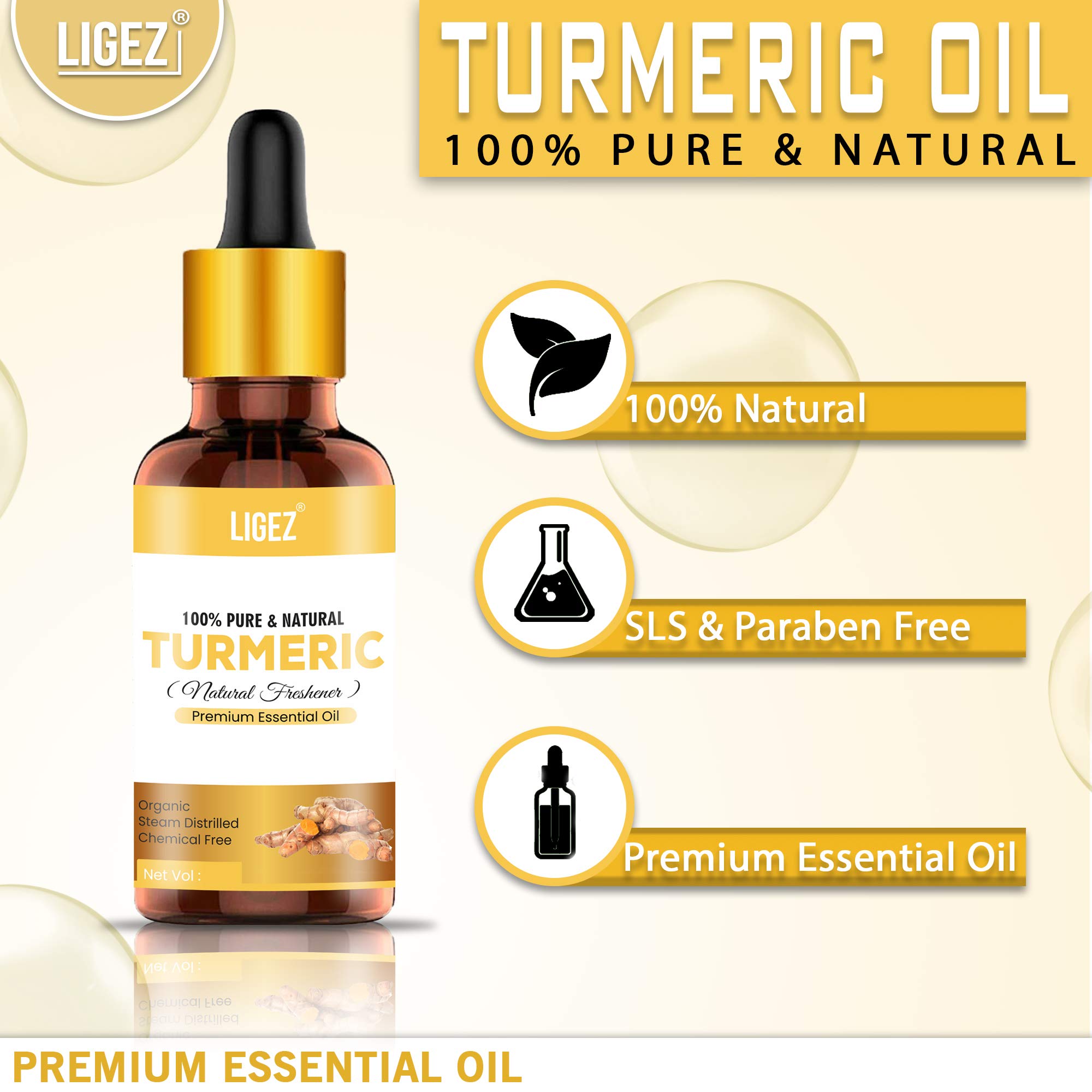 Ligez 100% Pure Natural Undiluted Turmeric Essential Oil - 15ml for Skin Care, Hair Growth & Aromatherapy | Perfect for Massage, DIY Beauty Recipes & Relaxation
