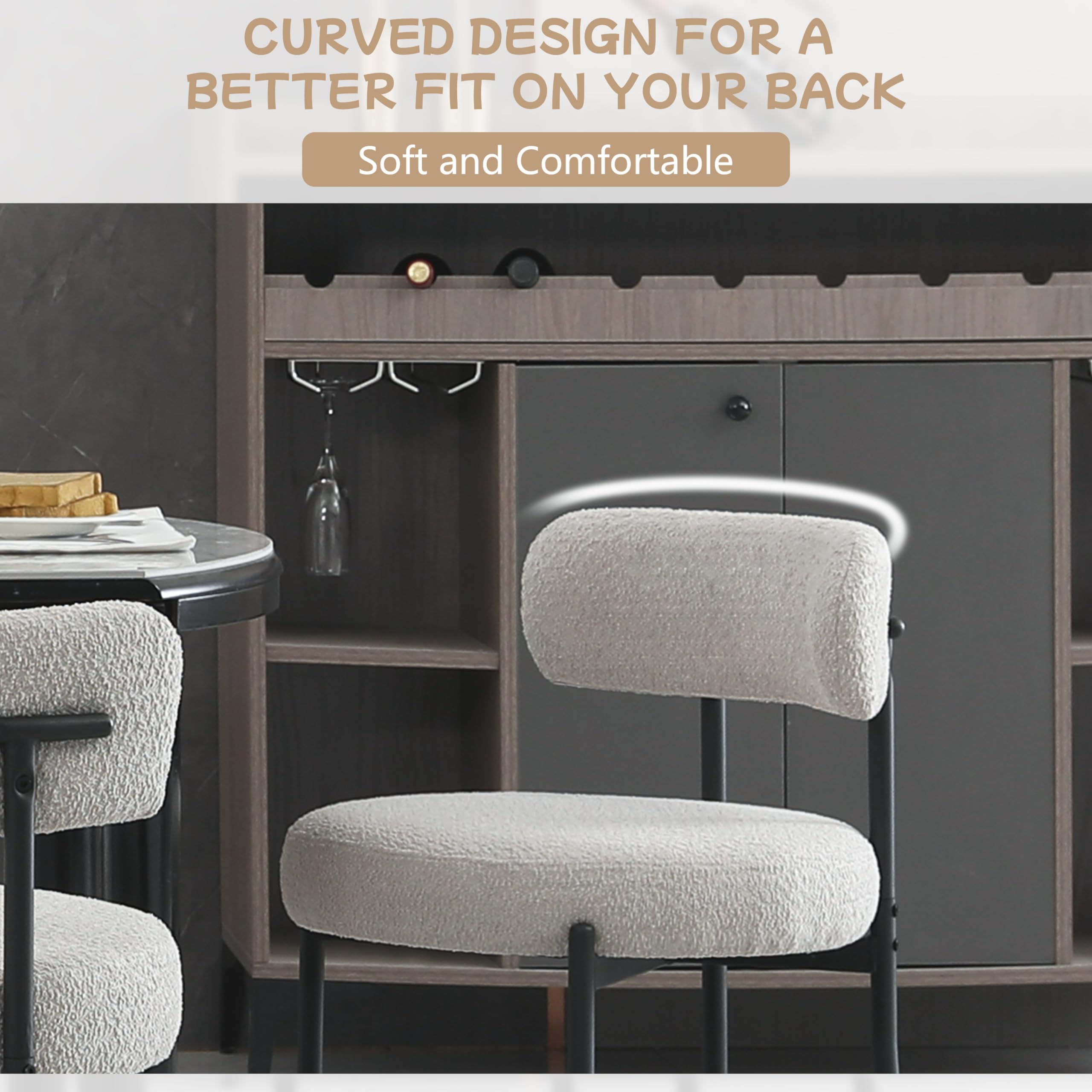 Light Grey Upholstered Boucle Dining Chairs Set of 2 - Mid-Century Modern Round Kitchen Chairs with Curved Backrest & Black Metal Legs - Perfect for Dining Room, Breakfast Nook & Small Space Decor