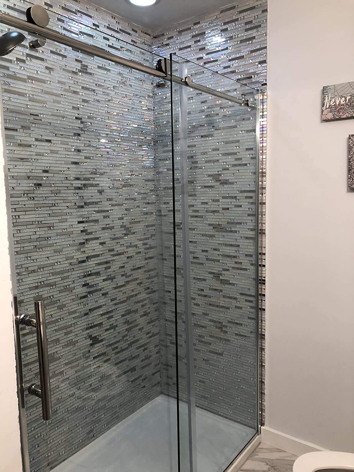 Iridescent White Glass & Shiny Silver Stainless Steel Linear Mosaic Backsplash Tile - Interlocking Strips for Bathroom & Kitchen Walls (5 Sq Ft) - Waterproof & Easy to Clean for Showers, Backsplashes, and Accent Walls
