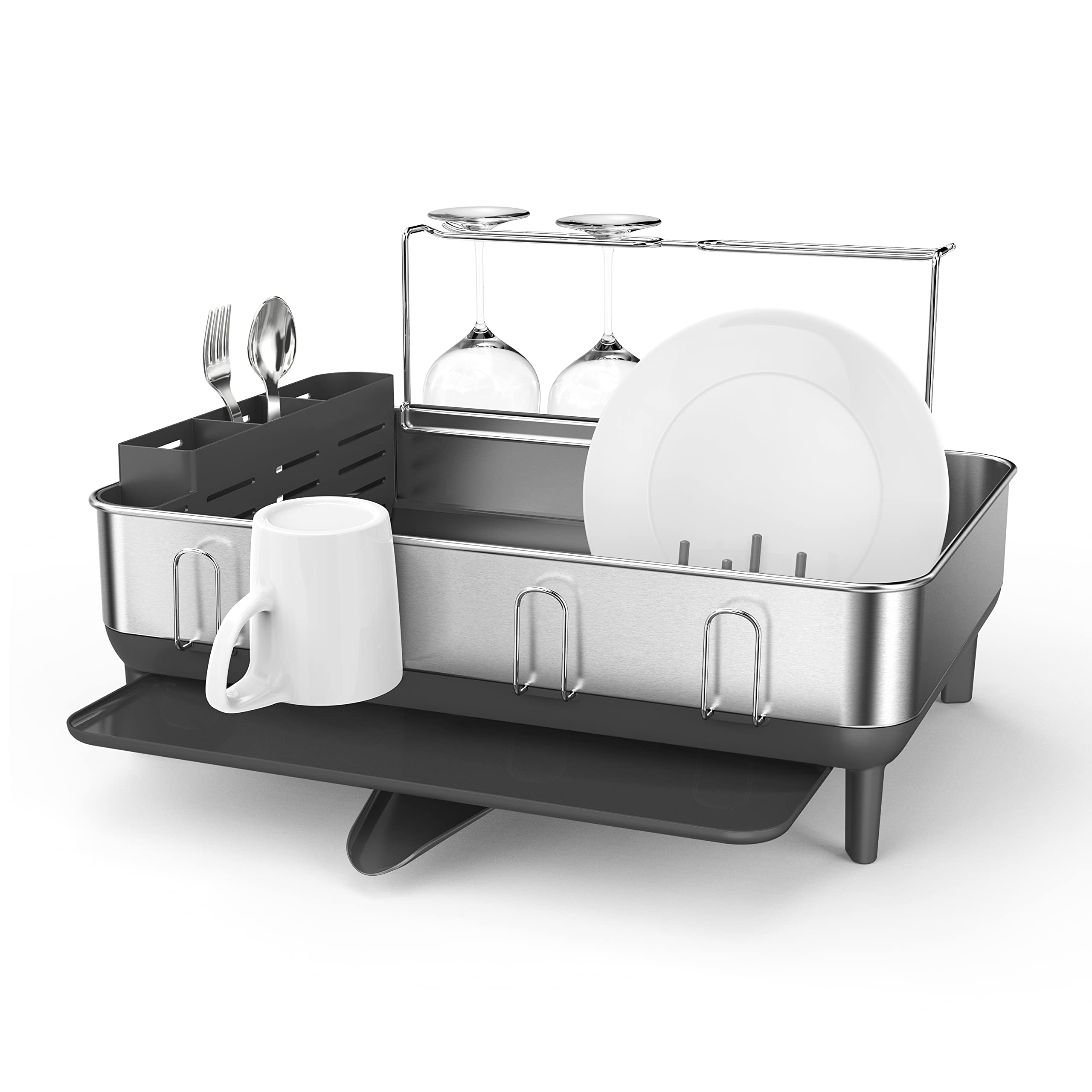 simplehuman Kitchen Dish Drying Rack with Swivel Spout | Fingerprint-Proof Stainless Steel Frame & Grey Plastic Tray | Space-Saving Countertop Organizer for Dishes, Cups & Utensils