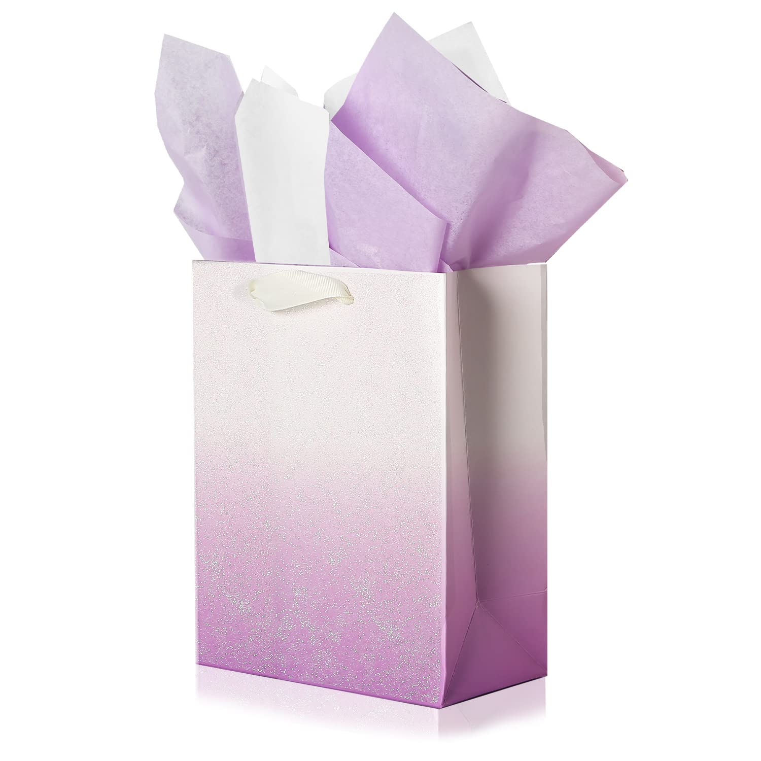 12Pcs Purple Glitter Ombre Gift Bags Bulk - 100% Recyclable Wrapping Paper Bags for Bridal Shower, Baby Shower, Wedding, Birthday Party Favors - Medium 9x7x4 inch - Perfect for Easter, Mother's Day & Thank You Gifts
