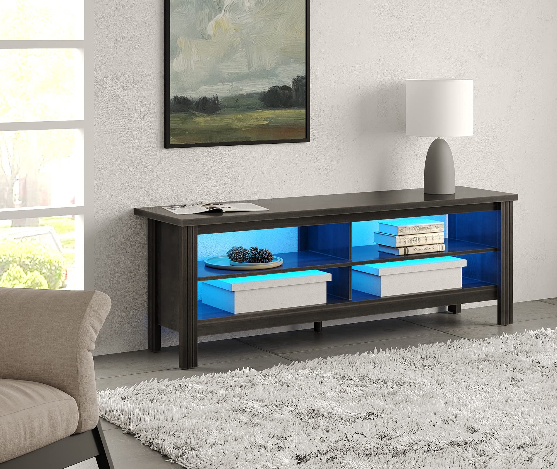 FITUEYES 65 Inch LED TV Stand with 4 Storage Cubby - Black Gaming Entertainment Center for 55-65 Inch TVs, PS5/Xbox Media Console - Perfect for Bedroom & Living Room Home Theater Setup