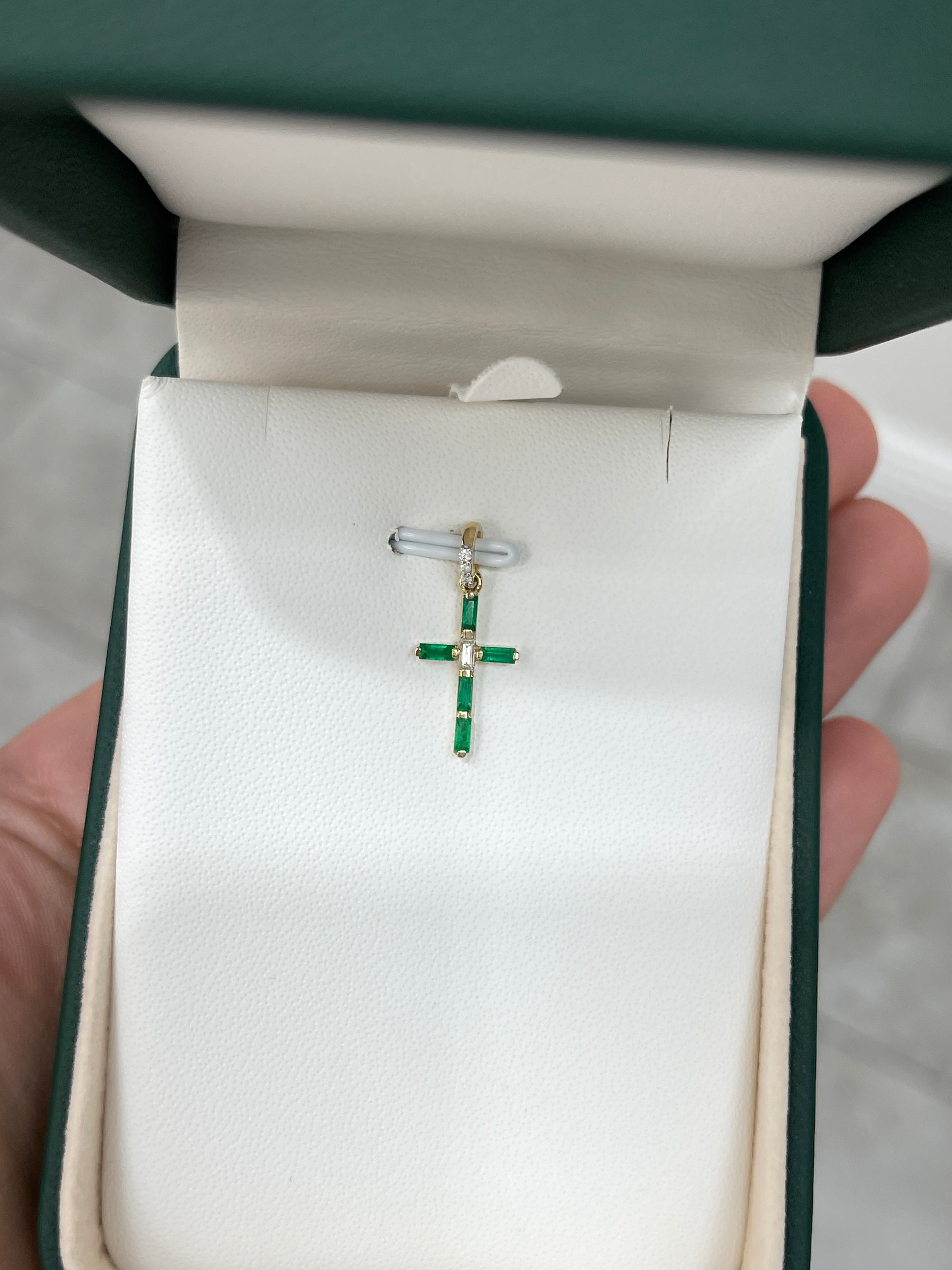 14K Gold Emerald Cross Pendant with Baguette & Round Diamonds - Elegant Religious Jewelry for Baptism, First Communion & Special Occasions