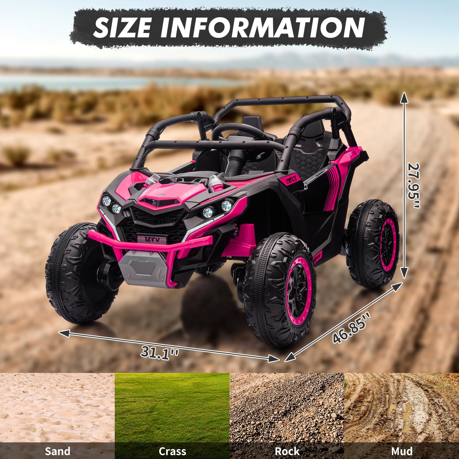GARVEE 24V Kids Ride On UTV - 2 Seater 4WD Electric Truck with Parent Remote Control, Dual Speed Modes, LED Lights & Shock Absorbers | One-Touch Start, Built-in Music Player (Rose Pink) - Perfect for Outdoor Adventures, Backyard Play & Birthday Gifts for Boys & Girls Ages 3-8