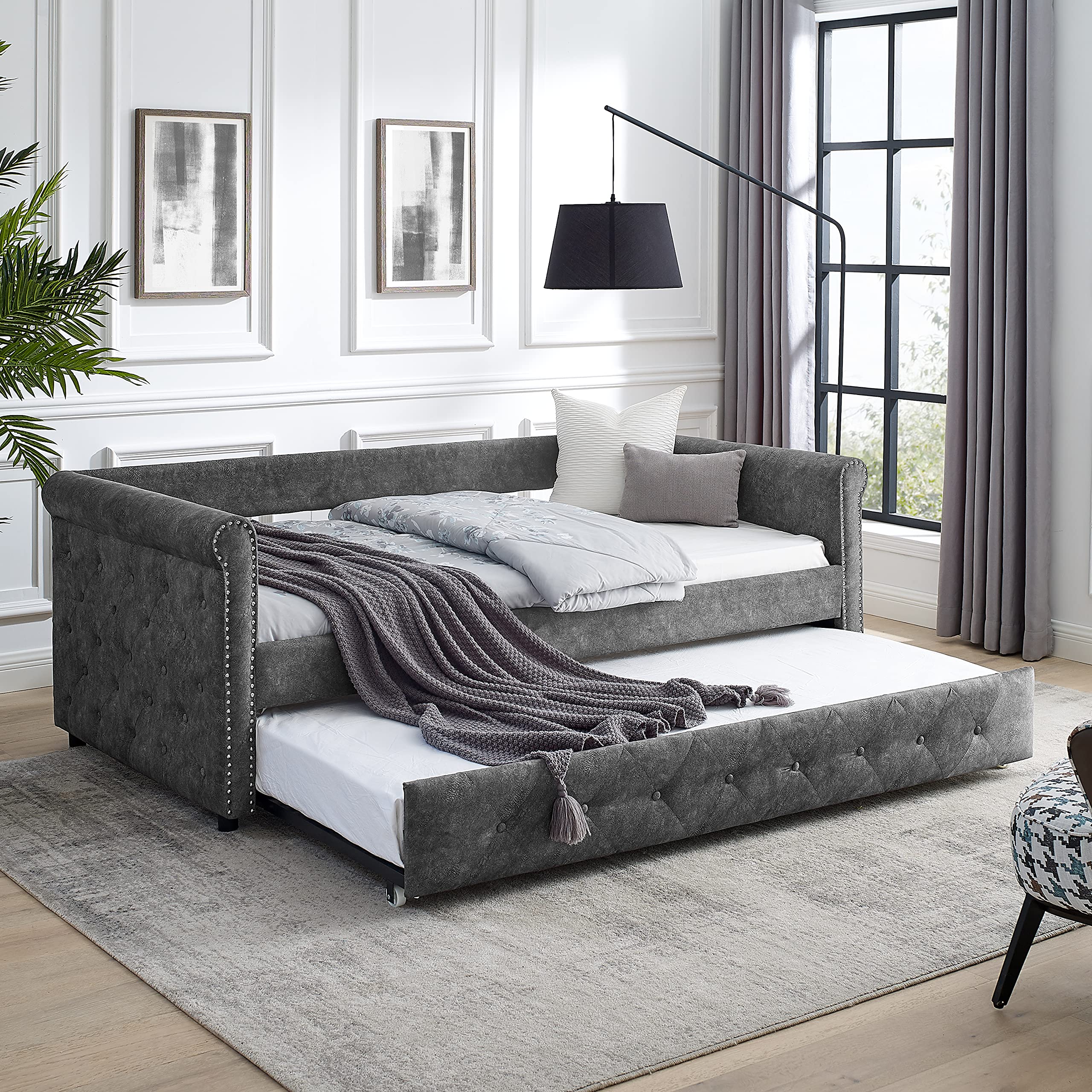 12+8 Inch Twin Size Upholstered Daybed with Trundle - Pull Out Sofa Bed Frame for Living Room & Bedroom (Grey, No Mattress Included) | Perfect for Guest Rooms, Small Spaces & Multi-Functional Furniture Needs