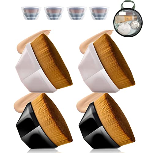 Flat Top Kabuki Makeup Brush Set (2Pink+2Black) - Foundation & Liquid Blending for Flawless Finish