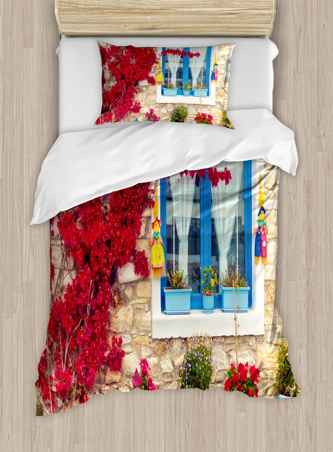 Ambesonne Coastal Duvet Cover Set - Italian Mediterranean House Design with Greek Windows Print | 2-Pack Queen Size Bedding Set (2 Duvet Covers + 4 Pillowcases) in Pale Brown & Navy Blue | Perfect for Beach House, Vacation Home & Coastal Themed Bedrooms